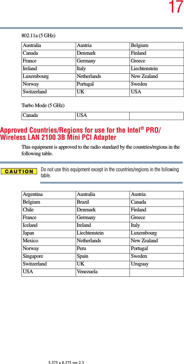 175.375 x 8.375 ver 2.3802.11a (5 GHz)Turbo Mode (5 GHz)Approved Countries/Regions for use for the Intel® PRO/Wireless LAN 2100 3B Mini PCI AdapterThis equipment is approved to the radio standard by the countries/regions in the following table.Do not use this equipment except in the countries/regions in the following table.Australia Austria  Belgium Canada Denmark FinlandFrance Germany GreeceIreland Italy  LiechtensteinLuxembourg Netherlands New Zealand Norway Portugal SwedenSwitzerland UK USACanada USAArgentina Australia AustriaBelgium Brazil CanadaChile Denmark FinlandFrance Germany GreeceIceland Ireland ItalyJapan Liechtenstein LuxembourgMexico Netherlands New ZealandNorway Peru PortugalSingapore Spain SwedenSwitzerland UK UruguayUSA Venezuela