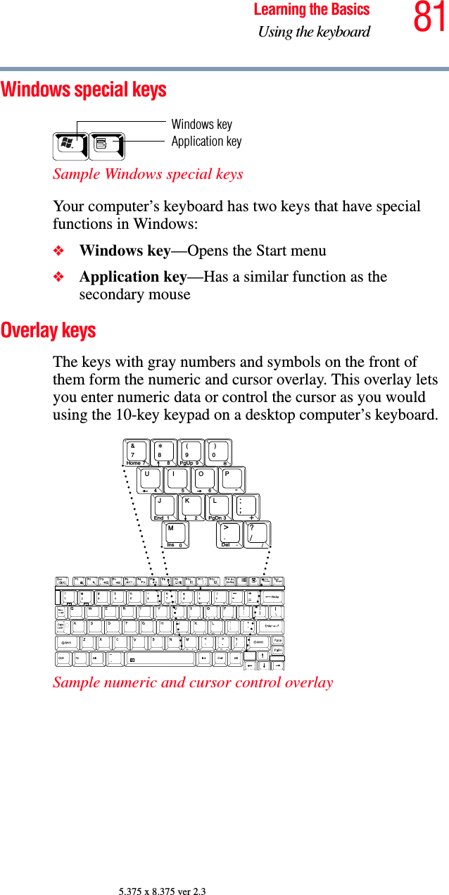 81Learning the BasicsUsing the keyboard5.375 x 8.375 ver 2.3Windows special keys Sample Windows special keys Your computer’s keyboard has two keys that have special functions in Windows: ❖Windows key—Opens the Start menu❖Application key—Has a similar function as the secondary mouseOverlay keys The keys with gray numbers and symbols on the front of them form the numeric and cursor overlay. This overlay lets you enter numeric data or control the cursor as you would using the 10-key keypad on a desktop computer’s keyboard.Sample numeric and cursor control overlayWindows keyApplication key8()&amp;UIOPJKL:?&gt;M∗45612 30+;790-//78 9 ∗Ins DelHome PgUpEnd PgDn..