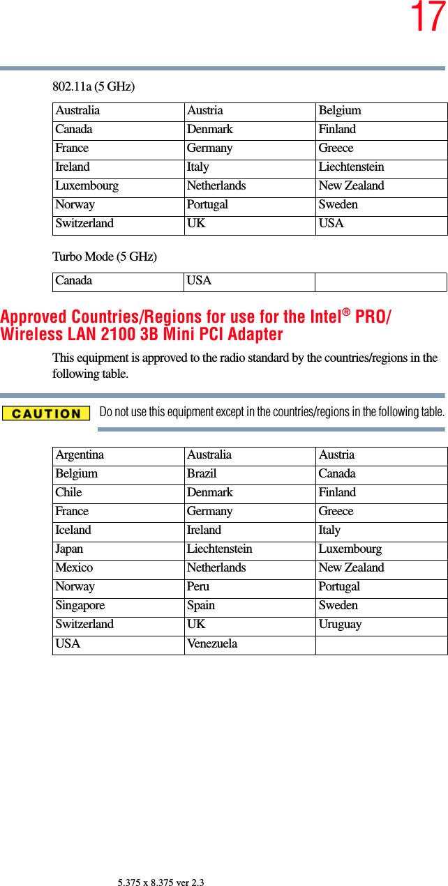 175.375 x 8.375 ver 2.3802.11a (5 GHz)Turbo Mode (5 GHz)Approved Countries/Regions for use for the Intel® PRO/Wireless LAN 2100 3B Mini PCI AdapterThis equipment is approved to the radio standard by the countries/regions in the following table.Do not use this equipment except in the countries/regions in the following table.Australia Austria  Belgium Canada Denmark FinlandFrance Germany GreeceIreland Italy  LiechtensteinLuxembourg Netherlands New Zealand Norway Portugal SwedenSwitzerland UK USACanada USAArgentina Australia AustriaBelgium Brazil CanadaChile Denmark FinlandFrance Germany GreeceIceland Ireland ItalyJapan Liechtenstein LuxembourgMexico Netherlands New ZealandNorway Peru PortugalSingapore Spain SwedenSwitzerland UK UruguayUSA Venezuela