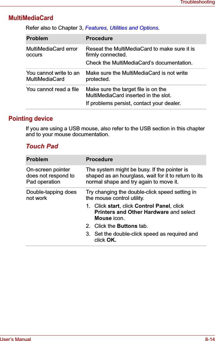 User’s Manual 8-14TroubleshootingMultiMediaCardRefer also to Chapter 3, Features, Utilities and Options.Pointing deviceIf you are using a USB mouse, also refer to the USB section in this chapter and to your mouse documentation.Touch PadProblem ProcedureMultiMediaCard error occurs  Reseat the MultiMediaCard to make sure it is firmly connected.Check the MultiMediaCard’s documentation.You cannot write to an MultiMediaCard Make sure the MultiMediaCard is not write protected.You cannot read a file Make sure the target file is on the MultiMediaCard inserted in the slot.If problems persist, contact your dealer.Problem ProcedureOn-screen pointer does not respond to Pad operationThe system might be busy. If the pointer is shaped as an hourglass, wait for it to return to its normal shape and try again to move it.Double-tapping does not work Try changing the double-click speed setting in the mouse control utility.1. Click start, click Control Panel, click Printers and Other Hardware and select Mouse icon. 2. Click the Buttons tab.3. Set the double-click speed as required and click OK.