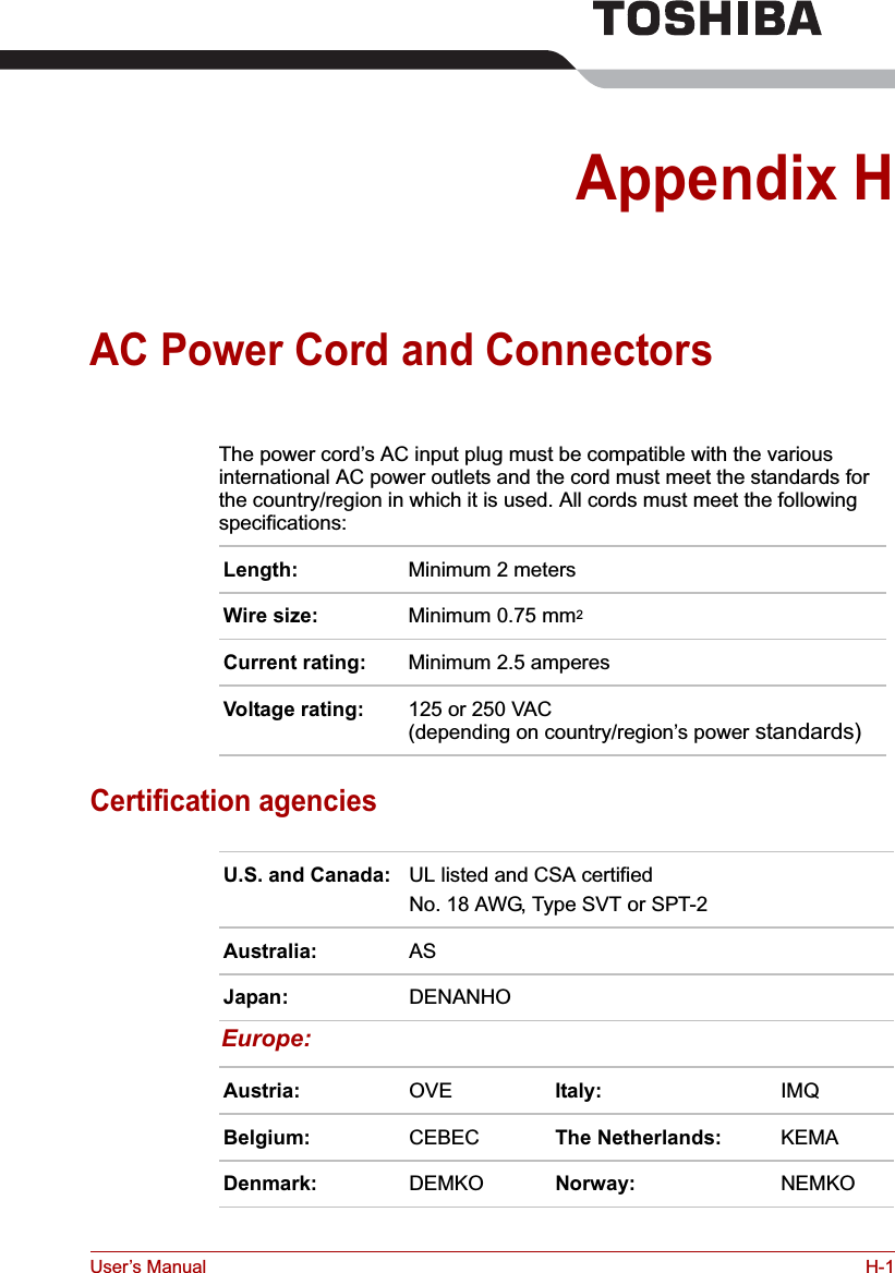 User’s Manual H-1Appendix HAC Power Cord and ConnectorsThe power cord’s AC input plug must be compatible with the various international AC power outlets and the cord must meet the standards for the country/region in which it is used. All cords must meet the following specifications:Certification agenciesLength: Minimum 2 metersWire size: Minimum 0.75 mm2Current rating: Minimum 2.5 amperesVoltage rating: 125 or 250 VAC (depending on country/region’s power standards)U.S. and Canada: UL listed and CSA certifiedNo. 18 AWG, Type SVT or SPT-2Australia: ASJapan: DENANHOEurope:Austria: OVE Italy: IMQBelgium: CEBEC The Netherlands: KEMADenmark: DEMKO Norway: NEMKO