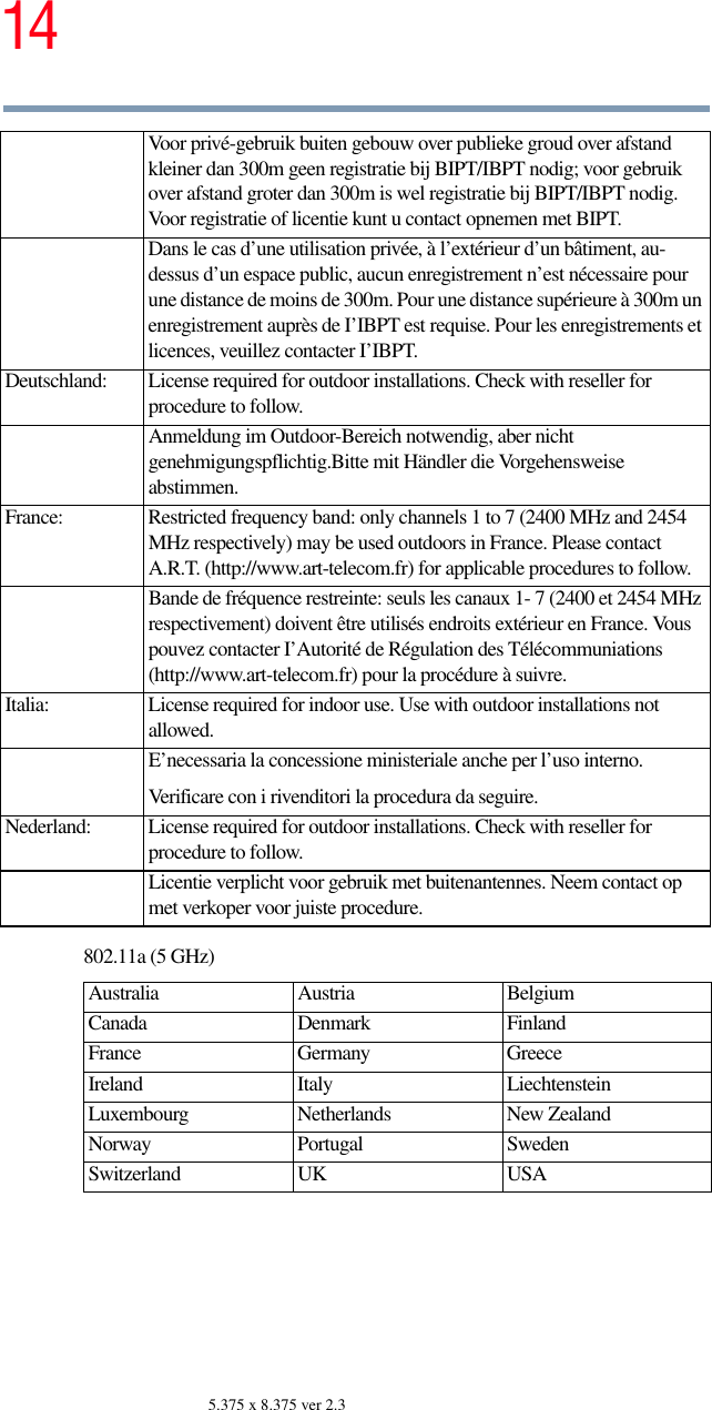 145.375 x 8.375 ver 2.3802.11a (5 GHz)Voor privé-gebruik buiten gebouw over publieke groud over afstand kleiner dan 300m geen registratie bij BIPT/IBPT nodig; voor gebruik over afstand groter dan 300m is wel registratie bij BIPT/IBPT nodig. Voor registratie of licentie kunt u contact opnemen met BIPT.Dans le cas d’une utilisation privée, à l’extérieur d’un bâtiment, au-dessus d’un espace public, aucun enregistrement n’est nécessaire pour une distance de moins de 300m. Pour une distance supérieure à 300m un enregistrement auprès de I’IBPT est requise. Pour les enregistrements et licences, veuillez contacter I’IBPT.Deutschland: License required for outdoor installations. Check with reseller for procedure to follow.Anmeldung im Outdoor-Bereich notwendig, aber nicht genehmigungspflichtig.Bitte mit Händler die Vorgehensweise abstimmen.France: Restricted frequency band: only channels 1 to 7 (2400 MHz and 2454 MHz respectively) may be used outdoors in France. Please contact A.R.T. (http://www.art-telecom.fr) for applicable procedures to follow.Bande de fréquence restreinte: seuls les canaux 1- 7 (2400 et 2454 MHz respectivement) doivent être utilisés endroits extérieur en France. Vous pouvez contacter I’Autorité de Régulation des Télécommuniations (http://www.art-telecom.fr) pour la procédure à suivre.Italia: License required for indoor use. Use with outdoor installations not allowed.E’necessaria la concessione ministeriale anche per l’uso interno.Verificare con i rivenditori la procedura da seguire.Nederland: License required for outdoor installations. Check with reseller for procedure to follow.Licentie verplicht voor gebruik met buitenantennes. Neem contact op met verkoper voor juiste procedure.Australia Austria Belgium Canada Denmark FinlandFrance Germany GreeceIreland Italy  LiechtensteinLuxembourg Netherlands New Zealand Norway Portugal SwedenSwitzerland UK USA