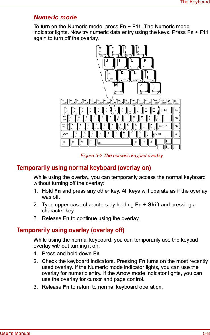 User’s Manual 5-8The KeyboardNumeric modeTo turn on the Numeric mode, press Fn +F11. The Numeric mode indicator lights. Now try numeric data entry using the keys. Press Fn +F11again to turn off the overlay.Figure 5-2 The numeric keypad overlayTemporarily using normal keyboard (overlay on)While using the overlay, you can temporarily access the normal keyboard without turning off the overlay:1. Hold Fn and press any other key. All keys will operate as if the overlay was off.2. Type upper-case characters by holding Fn + Shift and pressing a character key.3. Release Fn to continue using the overlay.Temporarily using overlay (overlay off)While using the normal keyboard, you can temporarily use the keypad overlay without turning it on:1. Press and hold down Fn.2. Check the keyboard indicators. Pressing Fn turns on the most recently used overlay. If the Numeric mode indicator lights, you can use the overlay for numeric entry. If the Arrow mode indicator lights, you can use the overlay for cursor and page control.3. Release Fn to return to normal keyboard operation.
