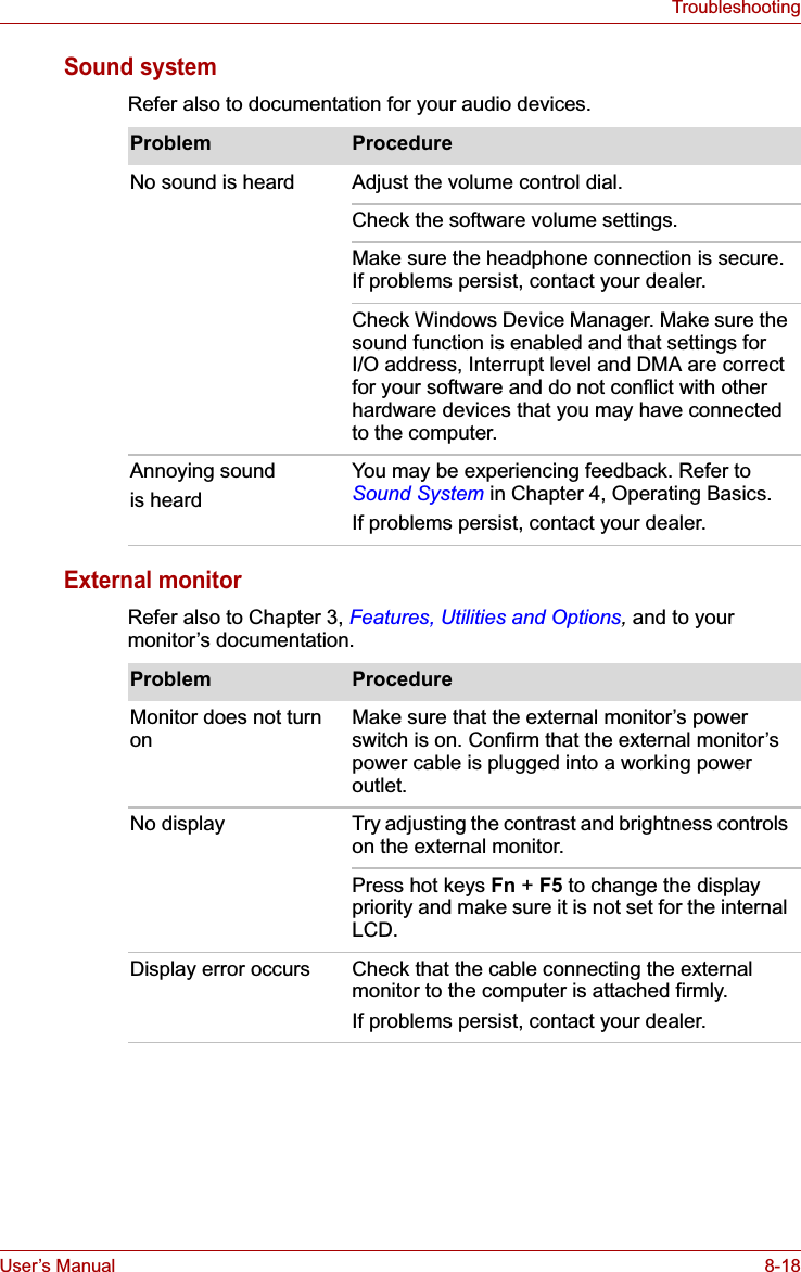 User’s Manual 8-18TroubleshootingSound systemRefer also to documentation for your audio devices.External monitorRefer also to Chapter 3, Features, Utilities and Options, and to your monitor’s documentation.Problem ProcedureNo sound is heard Adjust the volume control dial.Check the software volume settings.Make sure the headphone connection is secure. If problems persist, contact your dealer.Check Windows Device Manager. Make sure the sound function is enabled and that settings for I/O address, Interrupt level and DMA are correct for your software and do not conflict with other hardware devices that you may have connected to the computer.Annoying soundis heardYou may be experiencing feedback. Refer to Sound System in Chapter 4, Operating Basics.If problems persist, contact your dealer.Problem ProcedureMonitor does not turn on Make sure that the external monitor’s power switch is on. Confirm that the external monitor’s power cable is plugged into a working power outlet.No display Try adjusting the contrast and brightness controls on the external monitor.Press hot keys Fn + F5 to change the display priority and make sure it is not set for the internal LCD.Display error occurs Check that the cable connecting the external monitor to the computer is attached firmly.If problems persist, contact your dealer.