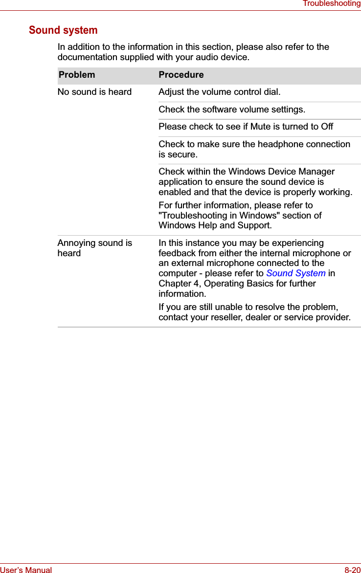 User’s Manual 8-20TroubleshootingSound systemIn addition to the information in this section, please also refer to the documentation supplied with your audio device.Problem ProcedureNo sound is heard Adjust the volume control dial.Check the software volume settings.Please check to see if Mute is turned to OffCheck to make sure the headphone connection is secure.Check within the Windows Device Manager application to ensure the sound device is enabled and that the device is properly working.For further information, please refer to &quot;Troubleshooting in Windows&quot; section of Windows Help and Support.Annoying sound is heardIn this instance you may be experiencing feedback from either the internal microphone or an external microphone connected to the computer - please refer to Sound System in Chapter 4, Operating Basics for further information.If you are still unable to resolve the problem, contact your reseller, dealer or service provider.