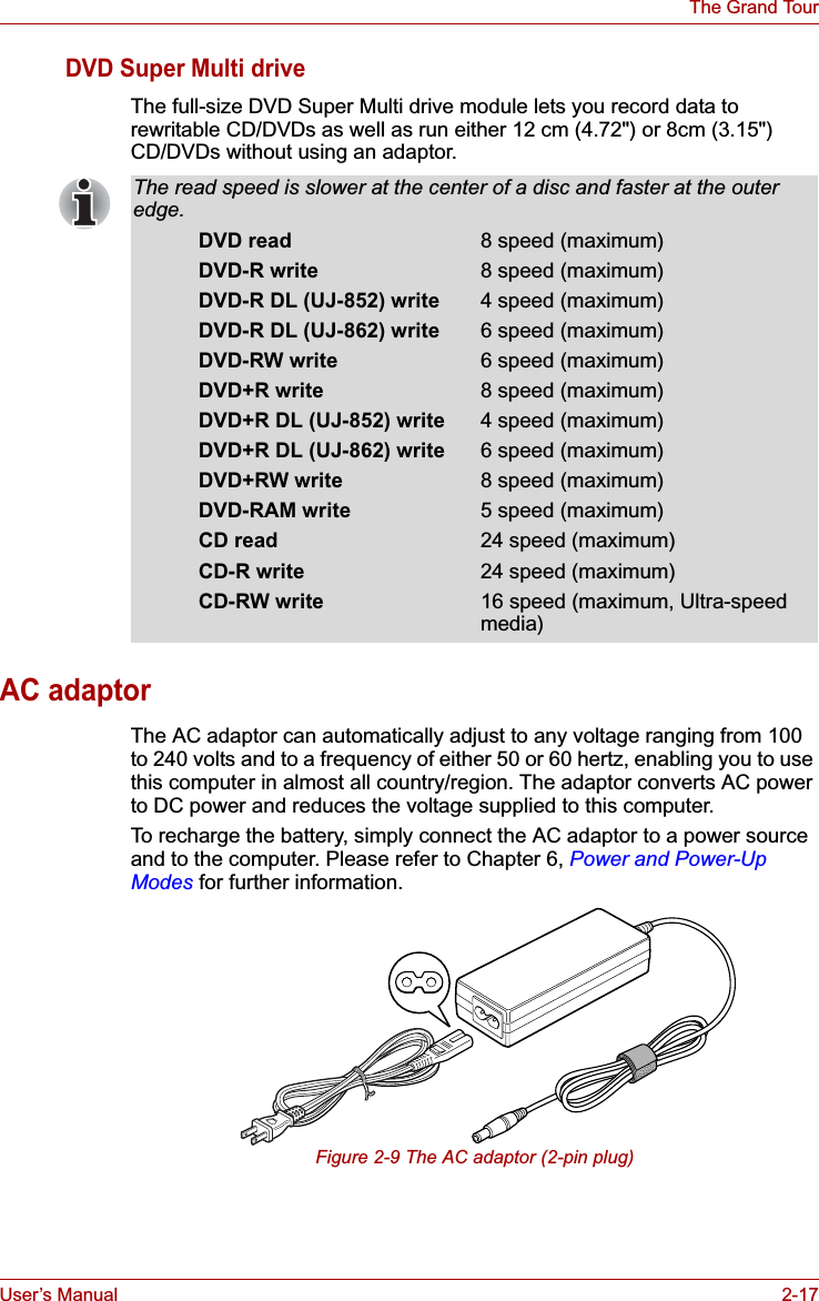 User’s Manual 2-17The Grand TourDVD Super Multi driveThe full-size DVD Super Multi drive module lets you record data to rewritable CD/DVDs as well as run either 12 cm (4.72&quot;) or 8cm (3.15&quot;) CD/DVDs without using an adaptor.AC adaptorThe AC adaptor can automatically adjust to any voltage ranging from 100 to 240 volts and to a frequency of either 50 or 60 hertz, enabling you to use this computer in almost all country/region. The adaptor converts AC power to DC power and reduces the voltage supplied to this computer.To recharge the battery, simply connect the AC adaptor to a power source and to the computer. Please refer to Chapter 6, Power and Power-Up Modes for further information.Figure 2-9 The AC adaptor (2-pin plug)The read speed is slower at the center of a disc and faster at the outer edge.DVD read 8 speed (maximum)DVD-R write 8 speed (maximum)DVD-R DL (UJ-852) write 4 speed (maximum)DVD-R DL (UJ-862) write 6 speed (maximum)DVD-RW write 6 speed (maximum)DVD+R write 8 speed (maximum)DVD+R DL (UJ-852) write 4 speed (maximum)DVD+R DL (UJ-862) write 6 speed (maximum)DVD+RW write 8 speed (maximum)DVD-RAM write 5 speed (maximum)CD read 24 speed (maximum)CD-R write 24 speed (maximum)CD-RW write 16 speed (maximum, Ultra-speed media)