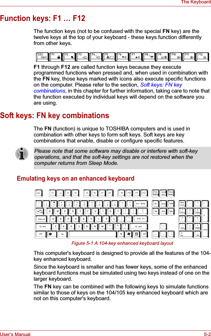 User’s Manual 5-2The KeyboardFunction keys: F1 … F12The function keys (not to be confused with the special FN key) are the twelve keys at the top of your keyboard - these keys function differently from other keys.F1 through F12 are called function keys because they execute programmed functions when pressed and, when used in combination with the FN key, those keys marked with icons also execute specific functions on the computer. Please refer to the section, Soft keys: FN key combinations, in this chapter for further information, taking care to note that the function executed by individual keys will depend on the software you are using.Soft keys: FN key combinationsThe FN (function) is unique to TOSHIBA computers and is used in combination with other keys to form soft keys. Soft keys are key combinations that enable, disable or configure specific features.Emulating keys on an enhanced keyboardFigure 5-1 A 104-key enhanced keyboard layoutThis computer&apos;s keyboard is designed to provide all the features of the 104-key enhanced keyboard.Since the keyboard is smaller and has fewer keys, some of the enhanced keyboard functions must be simulated using two keys instead of one on the larger keyboard.The FN key can be combined with the following keys to simulate functions similar to those of keys on the 104/105 key enhanced keyboard which are not on this computer&apos;s keyboard.Please note that some software may disable or interfere with soft-key operations, and that the soft-key settings are not restored when the computer returns from Sleep Mode.