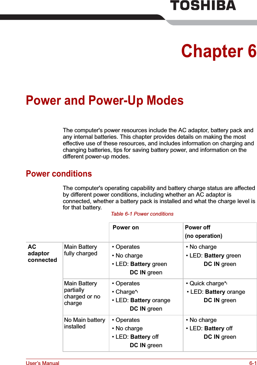 User’s Manual 6-1Chapter 6Power and Power-Up ModesThe computer&apos;s power resources include the AC adaptor, battery pack and any internal batteries. This chapter provides details on making the most effective use of these resources, and includes information on charging and changing batteries, tips for saving battery power, and information on the different power-up modes.Power conditionsThe computer&apos;s operating capability and battery charge status are affected by different power conditions, including whether an AC adaptor is connected, whether a battery pack is installed and what the charge level is for that battery. Table 6-1 Power conditions Power onPower off (no operation)ACadaptor connectedMain Battery fully charged • Operates • No charge • LED: Battery greenDC IN green • No charge • LED: Battery greenDC IN greenMain Battery partially charged or no charge • Operates • Charge*1 • LED: Battery orangeDC IN green • Quick charge*1 • LED: Battery orangeDC IN greenNo Main battery installed   • Operates  • No charge • LED: Battery offDC IN green • No charge • LED: Battery offDC IN green