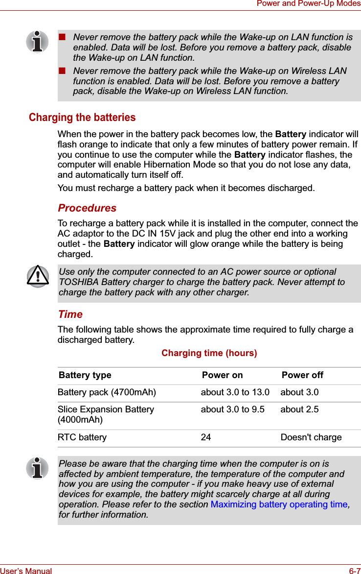 User’s Manual 6-7Power and Power-Up ModesCharging the batteriesWhen the power in the battery pack becomes low, the Battery indicator will flash orange to indicate that only a few minutes of battery power remain. If you continue to use the computer while the Battery indicator flashes, the computer will enable Hibernation Mode so that you do not lose any data, and automatically turn itself off.You must recharge a battery pack when it becomes discharged.ProceduresTo recharge a battery pack while it is installed in the computer, connect the AC adaptor to the DC IN 15V jack and plug the other end into a working outlet - the Battery indicator will glow orange while the battery is being charged.TimeThe following table shows the approximate time required to fully charge a discharged battery.Charging time (hours)■Never remove the battery pack while the Wake-up on LAN function is enabled. Data will be lost. Before you remove a battery pack, disable the Wake-up on LAN function.■Never remove the battery pack while the Wake-up on Wireless LAN function is enabled. Data will be lost. Before you remove a battery pack, disable the Wake-up on Wireless LAN function.Use only the computer connected to an AC power source or optional TOSHIBA Battery charger to charge the battery pack. Never attempt to charge the battery pack with any other charger.Battery type Power on Power offBattery pack (4700mAh) about 3.0 to 13.0 about 3.0Slice Expansion Battery (4000mAh) about 3.0 to 9.5 about 2.5RTC battery 24 Doesn&apos;t chargePlease be aware that the charging time when the computer is on is affected by ambient temperature, the temperature of the computer and how you are using the computer - if you make heavy use of external devices for example, the battery might scarcely charge at all during operation. Please refer to the section Maximizing battery operating time,for further information.