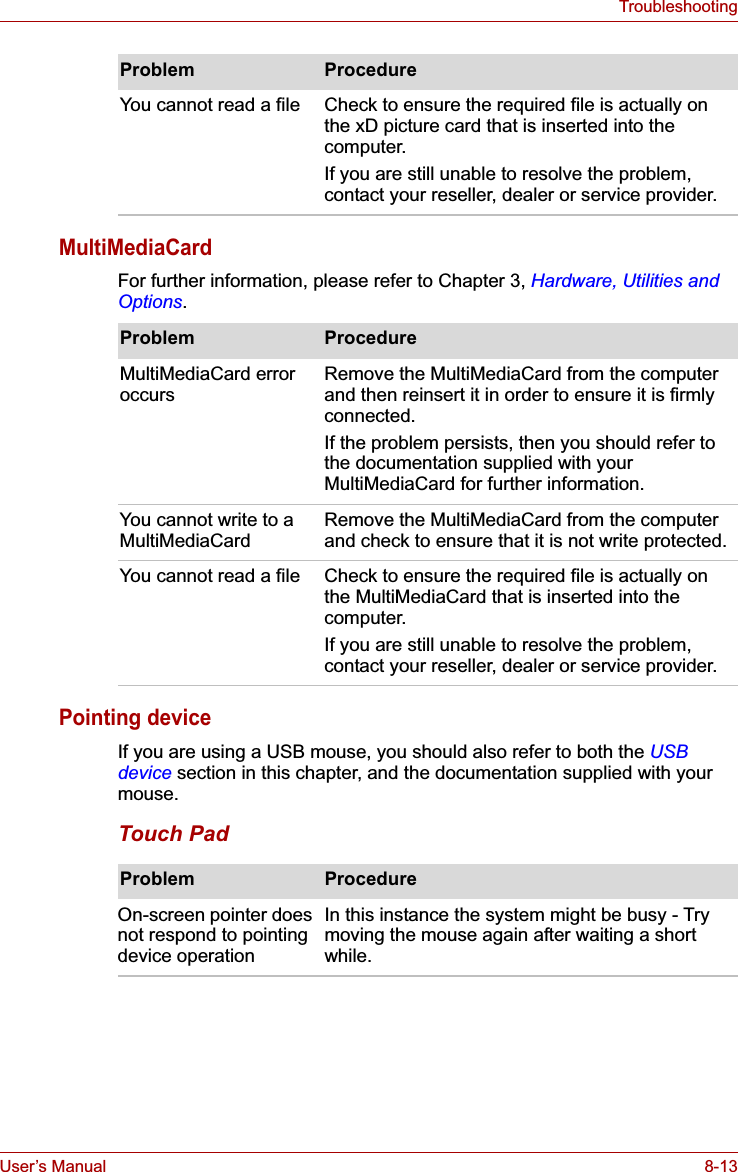 User’s Manual 8-13TroubleshootingMultiMediaCardFor further information, please refer to Chapter 3, Hardware, Utilities and Options.Pointing deviceIf you are using a USB mouse, you should also refer to both the USBdevice section in this chapter, and the documentation supplied with your mouse.Touch PadYou cannot read a file Check to ensure the required file is actually on the xD picture card that is inserted into the computer.If you are still unable to resolve the problem, contact your reseller, dealer or service provider.Problem ProcedureProblem ProcedureMultiMediaCard error occurs Remove the MultiMediaCard from the computer and then reinsert it in order to ensure it is firmly connected.If the problem persists, then you should refer to the documentation supplied with your MultiMediaCard for further information.You cannot write to a MultiMediaCardRemove the MultiMediaCard from the computer and check to ensure that it is not write protected.You cannot read a file Check to ensure the required file is actually on the MultiMediaCard that is inserted into the computer.If you are still unable to resolve the problem, contact your reseller, dealer or service provider.Problem ProcedureOn-screen pointer does not respond to pointing device operationIn this instance the system might be busy - Try moving the mouse again after waiting a short while.