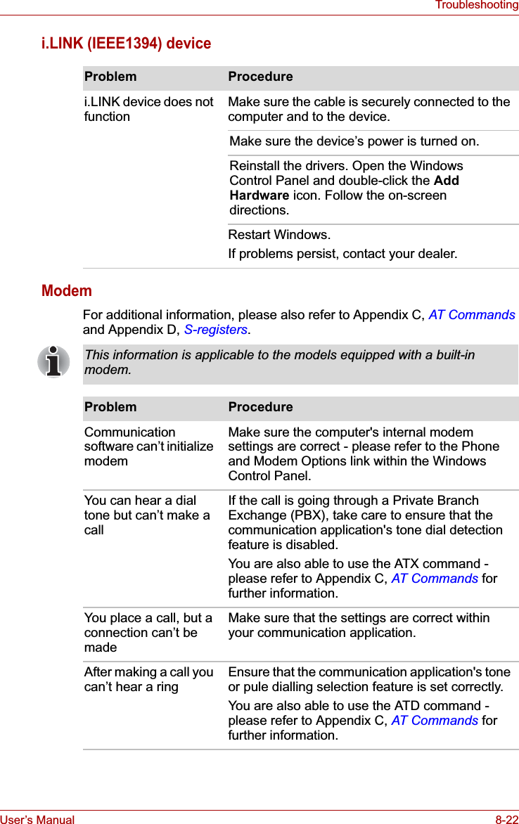 User’s Manual 8-22Troubleshootingi.LINK (IEEE1394) deviceModemFor additional information, please also refer to Appendix C, AT Commandsand Appendix D, S-registers.Problem Procedurei.LINK device does not functionMake sure the cable is securely connected to the computer and to the device.Make sure the device’s power is turned on.Reinstall the drivers. Open the Windows Control Panel and double-click the AddHardware icon. Follow the on-screen directions.Restart Windows.If problems persist, contact your dealer.This information is applicable to the models equipped with a built-in modem.Problem ProcedureCommunication software can’t initialize modemMake sure the computer&apos;s internal modem settings are correct - please refer to the Phone and Modem Options link within the Windows Control Panel.You can hear a dial tone but can’t make a callIf the call is going through a Private Branch Exchange (PBX), take care to ensure that the communication application&apos;s tone dial detection feature is disabled.You are also able to use the ATX command - please refer to Appendix C, AT Commands for further information.You place a call, but a connection can’t be madeMake sure that the settings are correct within your communication application.After making a call you can’t hear a ring Ensure that the communication application&apos;s tone or pule dialling selection feature is set correctly.You are also able to use the ATD command - please refer to Appendix C, AT Commands for further information.