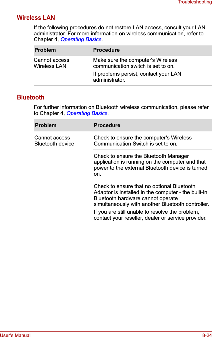 User’s Manual 8-24TroubleshootingWireless LANIf the following procedures do not restore LAN access, consult your LAN administrator. For more information on wireless communication, refer to Chapter 4, Operating Basics.BluetoothFor further information on Bluetooth wireless communication, please refer to Chapter 4, Operating Basics.Problem ProcedureCannot access Wireless LANMake sure the computer&apos;s Wireless communication switch is set to on.If problems persist, contact your LAN administrator.Problem ProcedureCannot access Bluetooth deviceCheck to ensure the computer&apos;s Wireless Communication Switch is set to on.Check to ensure the Bluetooth Manager application is running on the computer and that power to the external Bluetooth device is turned on.Check to ensure that no optional Bluetooth Adaptor is installed in the computer - the built-in Bluetooth hardware cannot operate simultaneously with another Bluetooth controller.If you are still unable to resolve the problem, contact your reseller, dealer or service provider.