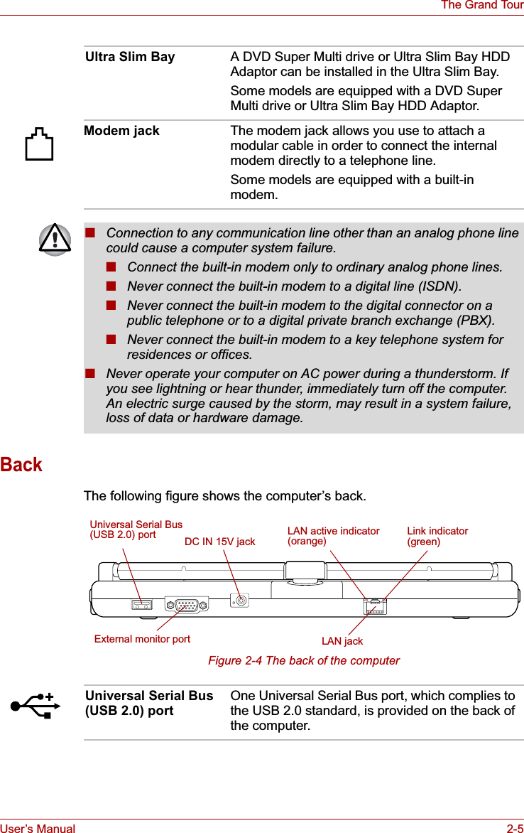 User’s Manual 2-5The Grand TourBackThe following figure shows the computer’s back.Figure 2-4 The back of the computerUltra Slim Bay A DVD Super Multi drive or Ultra Slim Bay HDD Adaptor can be installed in the Ultra Slim Bay.Some models are equipped with a DVD Super Multi drive or Ultra Slim Bay HDD Adaptor.Modem jack The modem jack allows you use to attach a modular cable in order to connect the internal modem directly to a telephone line.Some models are equipped with a built-in modem.■Connection to any communication line other than an analog phone line could cause a computer system failure.■Connect the built-in modem only to ordinary analog phone lines.■Never connect the built-in modem to a digital line (ISDN).■Never connect the built-in modem to the digital connector on a public telephone or to a digital private branch exchange (PBX).■Never connect the built-in modem to a key telephone system for residences or offices. ■Never operate your computer on AC power during a thunderstorm. If you see lightning or hear thunder, immediately turn off the computer. An electric surge caused by the storm, may result in a system failure, loss of data or hardware damage.DC IN 15V jackExternal monitor portUniversal Serial Bus (USB 2.0) portLAN jackLAN active indicator (orange) Link indicator (green)Universal Serial Bus (USB 2.0) port One Universal Serial Bus port, which complies to the USB 2.0 standard, is provided on the back of the computer.