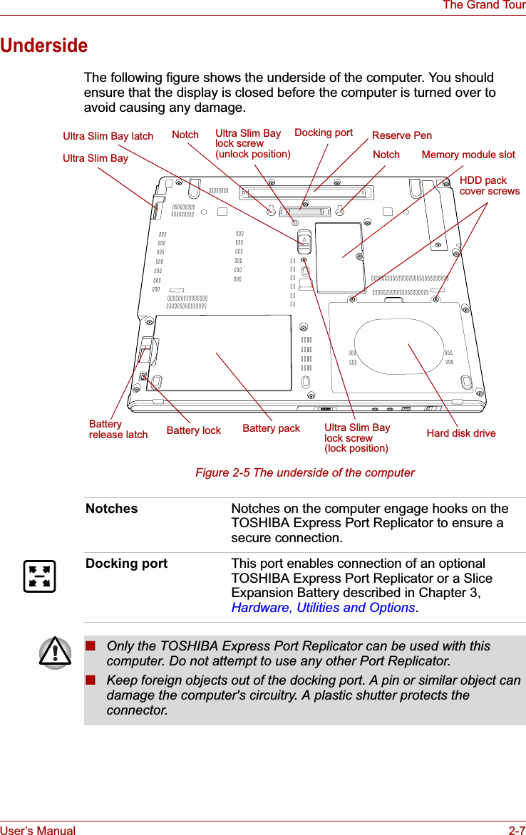 User’s Manual 2-7The Grand TourUndersideThe following figure shows the underside of the computer. You should ensure that the display is closed before the computer is turned over to avoid causing any damage.Figure 2-5 The underside of the computerMemory module slotBattery release latch Battery lockNotch Docking portBattery packHDD pack cover screwsHard disk driveUltra Slim BayUltra Slim Bay lock screw (lock position)Ultra Slim Bay latchNotchReserve PenUltra Slim Bay lock screw (unlock position)Notches Notches on the computer engage hooks on the TOSHIBA Express Port Replicator to ensure a secure connection.Docking port This port enables connection of an optional TOSHIBA Express Port Replicator or a Slice Expansion Battery described in Chapter 3, Hardware, Utilities and Options.■Only the TOSHIBA Express Port Replicator can be used with this computer. Do not attempt to use any other Port Replicator.■Keep foreign objects out of the docking port. A pin or similar object can damage the computer&apos;s circuitry. A plastic shutter protects the connector.