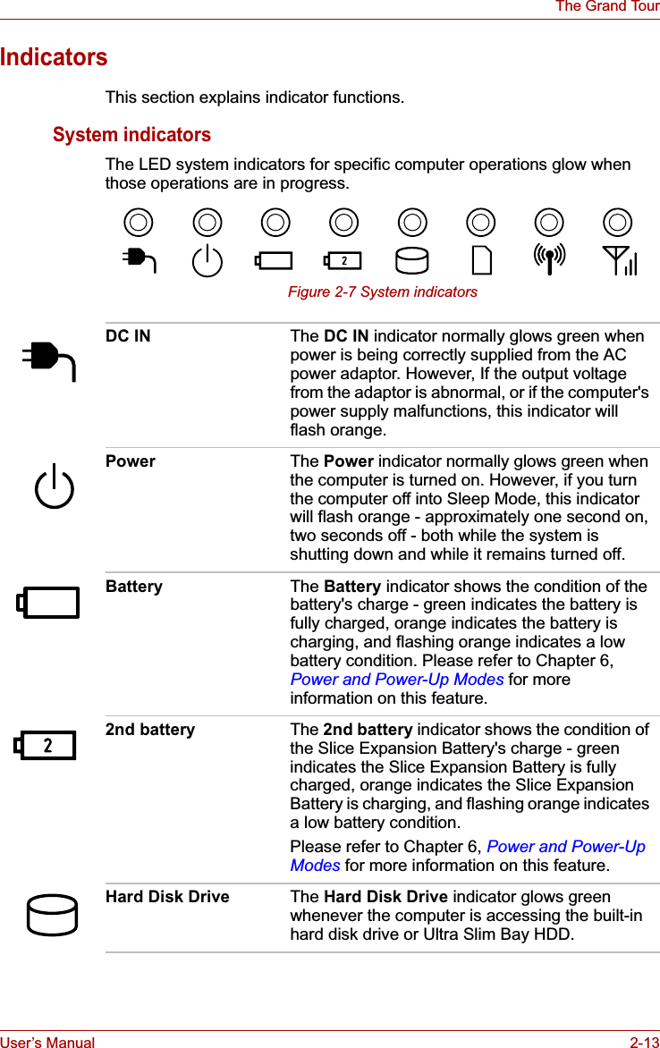 User’s Manual 2-13The Grand TourIndicatorsThis section explains indicator functions.System indicatorsThe LED system indicators for specific computer operations glow when those operations are in progress.Figure 2-7 System indicatorsDC IN The DC IN indicator normally glows green when power is being correctly supplied from the AC power adaptor. However, If the output voltage from the adaptor is abnormal, or if the computer&apos;s power supply malfunctions, this indicator will flash orange.Power The Power indicator normally glows green when the computer is turned on. However, if you turn the computer off into Sleep Mode, this indicator will flash orange - approximately one second on, two seconds off - both while the system is shutting down and while it remains turned off.Battery The Battery indicator shows the condition of the battery&apos;s charge - green indicates the battery is fully charged, orange indicates the battery is charging, and flashing orange indicates a low battery condition. Please refer to Chapter 6, Power and Power-Up Modes for more information on this feature.2nd battery The 2nd battery indicator shows the condition of the Slice Expansion Battery&apos;s charge - green indicates the Slice Expansion Battery is fully charged, orange indicates the Slice Expansion Battery is charging, and flashing orange indicates a low battery condition.Please refer to Chapter 6, Power and Power-Up Modes for more information on this feature.Hard Disk Drive The Hard Disk Drive indicator glows green whenever the computer is accessing the built-in hard disk drive or Ultra Slim Bay HDD.