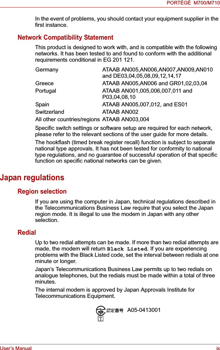 User’s Manual ixPORTÉGÉ  M700/M710In the event of problems, you should contact your equipment supplier in the first instance.Network Compatibility StatementThis product is designed to work with, and is compatible with the following networks. It has been tested to and found to conform with the additional requirements conditional in EG 201 121.Specific switch settings or software setup are required for each network, please refer to the relevant sections of the user guide for more details.The hookflash (timed break register recall) function is subject to separate national type approvals. It has not been tested for conformity to national type regulations, and no guarantee of successful operation of that specific function on specific national networks can be given.Japan regulationsRegion selectionIf you are using the computer in Japan, technical regulations described in the Telecommunications Business Law require that you select the Japan region mode. It is illegal to use the modem in Japan with any other selection.RedialUp to two redial attempts can be made. If more than two redial attempts are made, the modem will return Black Listed. If you are experiencing problems with the Black Listed code, set the interval between redials at one minute or longer. Japan’s Telecommunications Business Law permits up to two redials on analogue telephones, but the redials must be made within a total of three minutes.The internal modem is approved by Japan Approvals Institute for Telecommunications Equipment.Germany ATAAB AN005,AN006,AN007,AN009,AN010 and DE03,04,05,08,09,12,14,17Greece ATAAB AN005,AN006 and GR01,02,03,04Portugal ATAAB AN001,005,006,007,011 and  P03,04,08,10Spain ATAAB AN005,007,012, and ES01Switzerland ATAAB AN002All other countries/regions ATAAB AN003,004A05-0413001