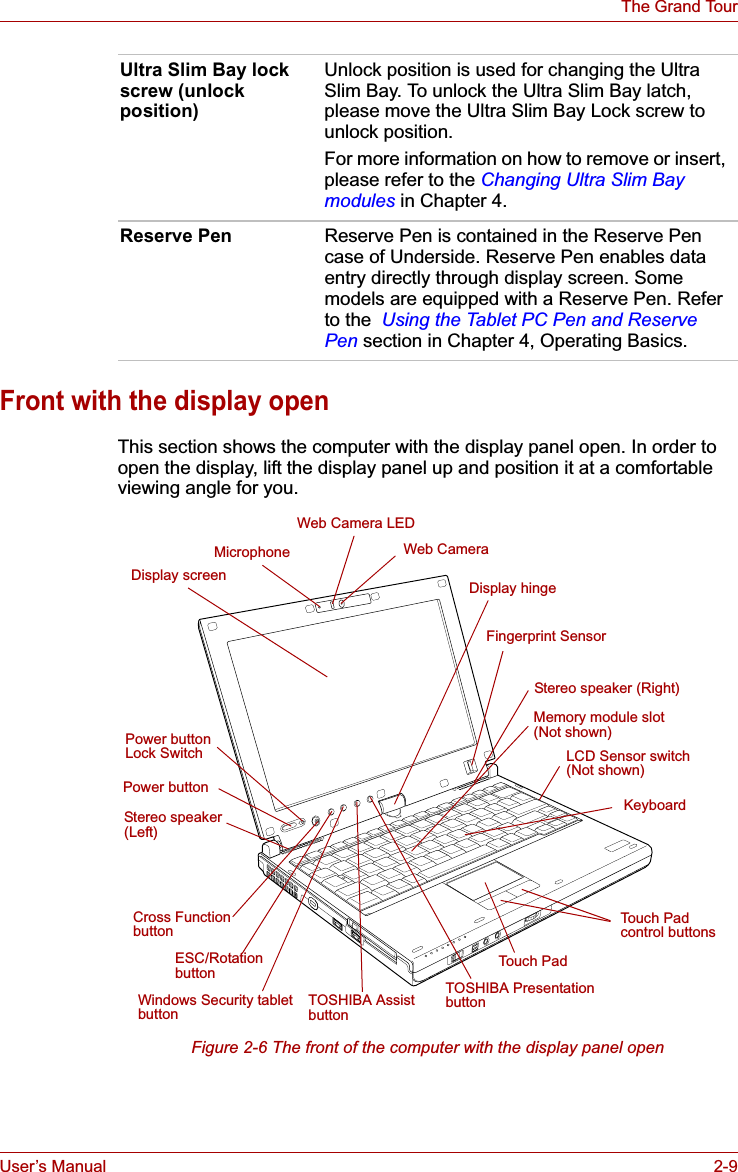 User’s Manual 2-9The Grand TourFront with the display openThis section shows the computer with the display panel open. In order to open the display, lift the display panel up and position it at a comfortable viewing angle for you.Figure 2-6 The front of the computer with the display panel openUltra Slim Bay lock screw (unlock position)Unlock position is used for changing the Ultra Slim Bay. To unlock the Ultra Slim Bay latch, please move the Ultra Slim Bay Lock screw to unlock position.For more information on how to remove or insert, please refer to the Changing Ultra Slim Bay modules in Chapter 4.Reserve Pen Reserve Pen is contained in the Reserve Pen case of Underside. Reserve Pen enables data entry directly through display screen. Some models are equipped with a Reserve Pen. Refer to the  Using the Tablet PC Pen and Reserve Pen section in Chapter 4, Operating Basics.Display screenTouch Padcontrol buttonsFingerprint SensorDisplay hingeTouch PadKeyboardPower buttonTOSHIBA Assist buttonMicrophone Web CameraWeb Camera LEDESC/Rotation buttonCross Function buttonTOSHIBA Presentation buttonPower buttonLock SwitchStereo speaker (Left)Stereo speaker (Right)Windows Security tablet buttonMemory module slot(Not shown)LCD Sensor switch (Not shown)