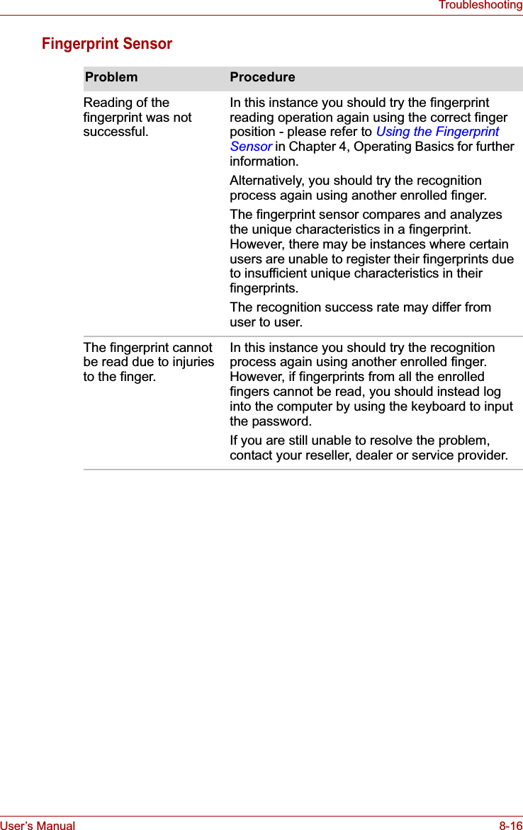 User’s Manual 8-16TroubleshootingFingerprint SensorProblem ProcedureReading of the fingerprint was not successful.In this instance you should try the fingerprint reading operation again using the correct finger position - please refer to Using the Fingerprint Sensor in Chapter 4, Operating Basics for further information.Alternatively, you should try the recognition process again using another enrolled finger.The fingerprint sensor compares and analyzes the unique characteristics in a fingerprint. However, there may be instances where certain users are unable to register their fingerprints due to insufficient unique characteristics in their fingerprints.The recognition success rate may differ from user to user.The fingerprint cannot be read due to injuries to the finger.In this instance you should try the recognition process again using another enrolled finger. However, if fingerprints from all the enrolled fingers cannot be read, you should instead log into the computer by using the keyboard to input the password.If you are still unable to resolve the problem, contact your reseller, dealer or service provider.