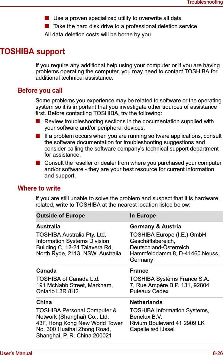 User’s Manual 8-26Troubleshooting■Use a proven specialized utility to overwrite all data■Take the hard disk drive to a professional deletion serviceAll data deletion costs will be borne by you.TOSHIBA supportIf you require any additional help using your computer or if you are having problems operating the computer, you may need to contact TOSHIBA for additional technical assistance.Before you callSome problems you experience may be related to software or the operating system so it is important that you investigate other sources of assistance first. Before contacting TOSHIBA, try the following:■Review troubleshooting sections in the documentation supplied with your software and/or peripheral devices.■If a problem occurs when you are running software applications, consult the software documentation for troubleshooting suggestions and consider calling the software company&apos;s technical support department for assistance.■Consult the reseller or dealer from where you purchased your computer and/or software - they are your best resource for current information and support.Where to writeIf you are still unable to solve the problem and suspect that it is hardware related, write to TOSHIBA at the nearest location listed below:Outside of Europe In EuropeAustraliaTOSHIBA Australia Pty. Ltd.Information Systems Division Building C, 12-24 Talavera Rd, North Ryde, 2113, NSW, Australia.Germany &amp; AustriaTOSHIBA Europe (I.E.) GmbH Geschäftsbereich, Deutschland-Österreich Hammfelddamm 8, D-41460 Neuss, GermanyCanadaTOSHIBA of Canada Ltd.191 McNabb Street, Markham, Ontario L3R 8H2FranceTOSHIBA Systèms France S.A.7, Rue Ampère B.P. 131, 92804 Puteaux CedexChinaTOSHIBA Personal Computer &amp; Network (Shanghai) Co., Ltd.43F, Hong Kong New World Tower, No. 300 Huaihai Zhong Road, Shanghai, P. R. China 200021NetherlandsTOSHIBA Information Systems, Benelux B.V.Rivium Boulevard 41 2909 LK Capelle a/d IJssel