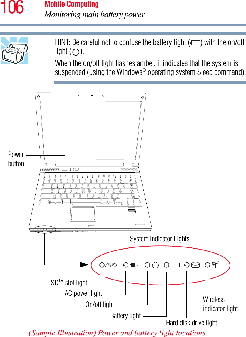 106 Mobile ComputingMonitoring main battery powerHINT: Be careful not to confuse the battery light ( ) with the on/off light ( ).When the on/off light flashes amber, it indicates that the system is suspended (using the Windows® operating system Sleep command).(Sample Illustration) Power and battery light locationsSystem Indicator LightsSDTM slot lightBattery lightOn/off lightAC power light Wireless indicator lightHard disk drive lightPowerbutton