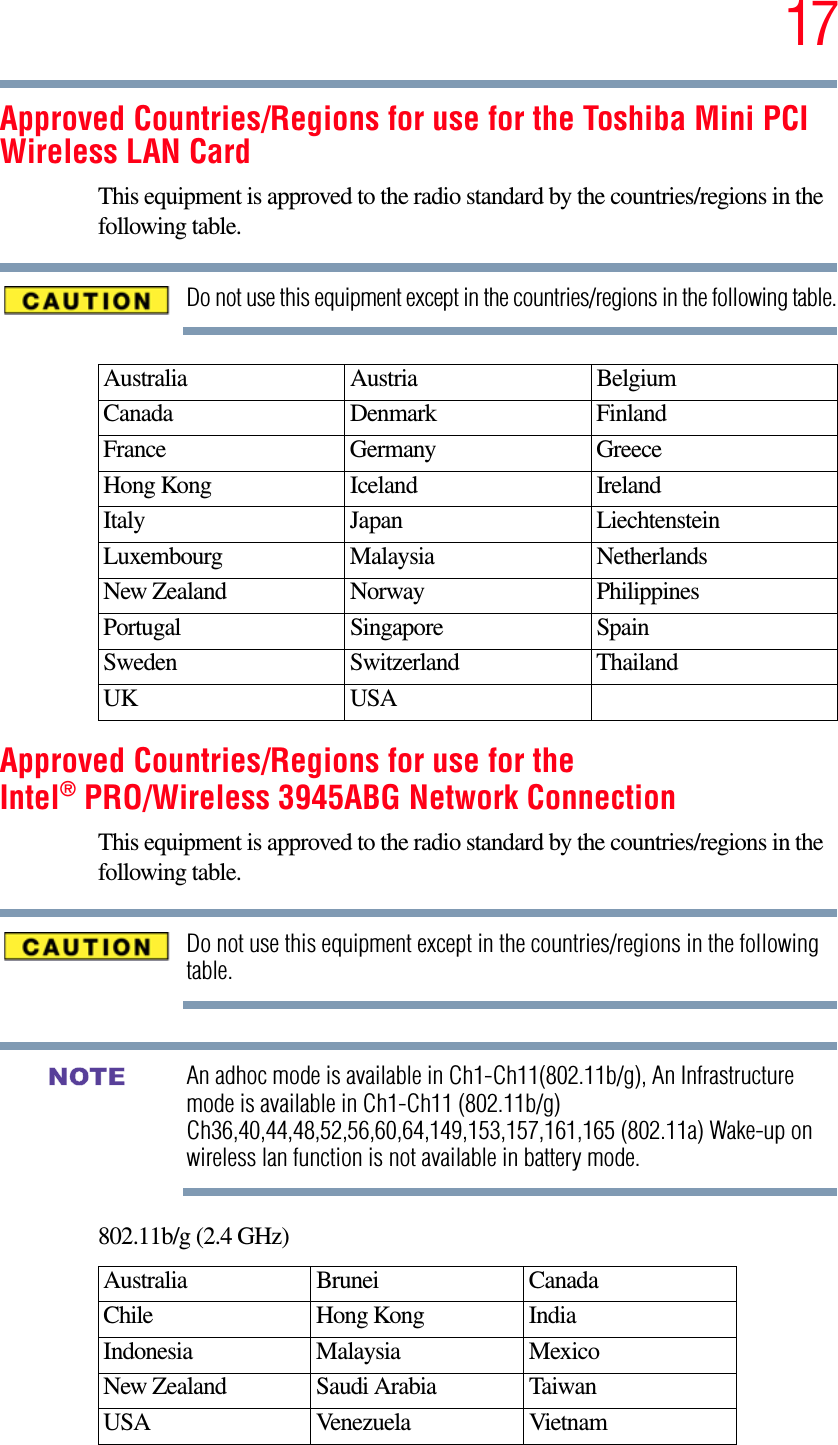 17Approved Countries/Regions for use for the Toshiba Mini PCI Wireless LAN CardThis equipment is approved to the radio standard by the countries/regions in the following table.Do not use this equipment except in the countries/regions in the following table.Approved Countries/Regions for use for theIntel® PRO/Wireless 3945ABG Network ConnectionThis equipment is approved to the radio standard by the countries/regions in the following table.Do not use this equipment except in the countries/regions in the following table.An adhoc mode is available in Ch1-Ch11(802.11b/g), An Infrastructure mode is available in Ch1-Ch11 (802.11b/g) Ch36,40,44,48,52,56,60,64,149,153,157,161,165 (802.11a) Wake-up on wireless lan function is not available in battery mode.802.11b/g (2.4 GHz)Australia Austria  Belgium Canada Denmark FinlandFrance Germany GreeceHong Kong Iceland IrelandItaly Japan LiechtensteinLuxembourg Malaysia NetherlandsNew Zealand Norway PhilippinesPortugal Singapore SpainSweden Switzerland ThailandUK USAAustralia Brunei CanadaChile Hong Kong IndiaIndonesia Malaysia MexicoNew Zealand Saudi Arabia TaiwanUSA Venezuela VietnamNOTE