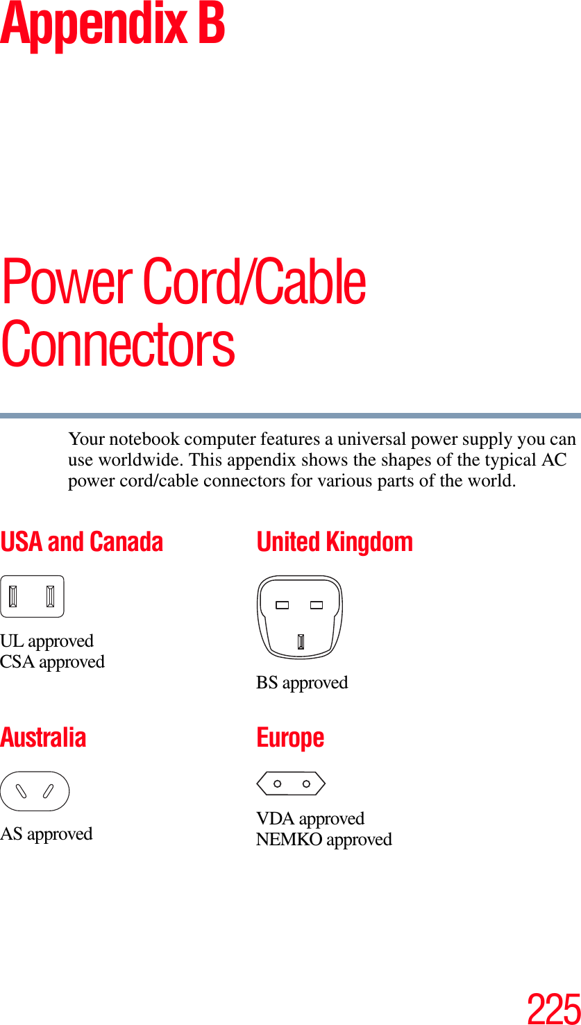 225Appendix BPower Cord/Cable ConnectorsYour notebook computer features a universal power supply you can use worldwide. This appendix shows the shapes of the typical AC power cord/cable connectors for various parts of the world.USA and CanadaUL approvedCSA approvedUnited KingdomBS approvedAustraliaAS approvedEuropeVDA approvedNEMKO approved