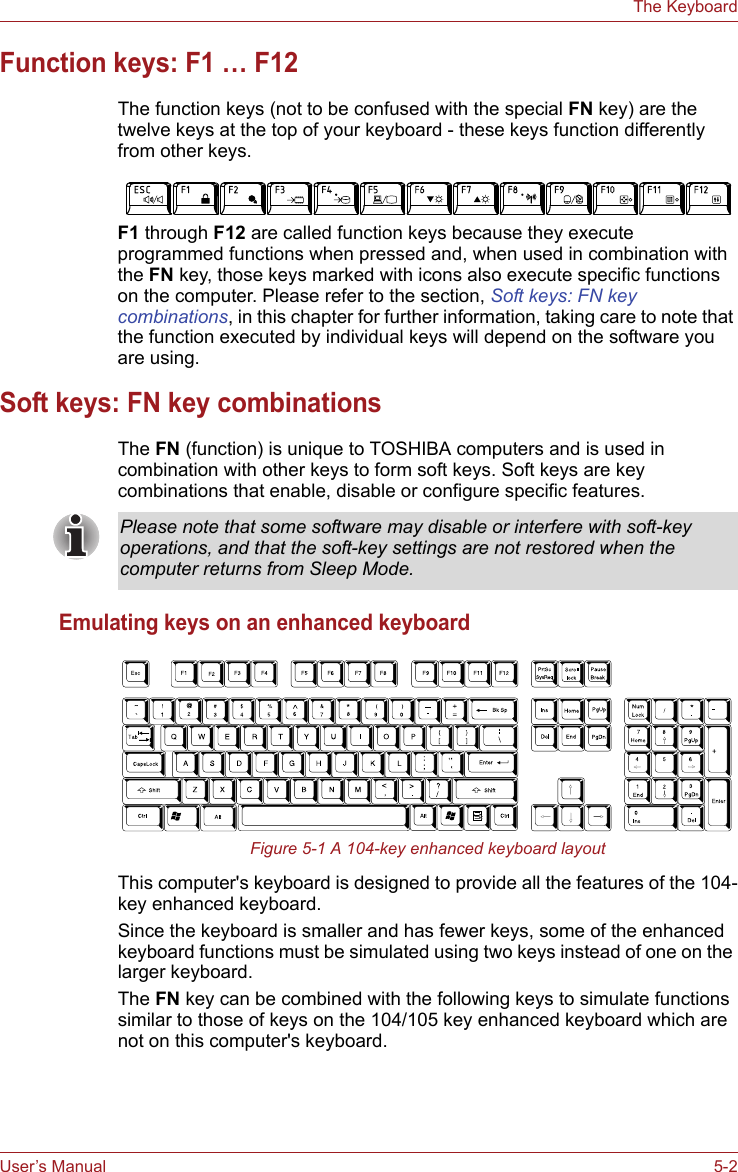 User’s Manual 5-2The KeyboardFunction keys: F1 … F12The function keys (not to be confused with the special FN key) are the twelve keys at the top of your keyboard - these keys function differently from other keys.F1 through F12 are called function keys because they execute programmed functions when pressed and, when used in combination with the FN key, those keys marked with icons also execute specific functions on the computer. Please refer to the section, Soft keys: FN key combinations, in this chapter for further information, taking care to note that the function executed by individual keys will depend on the software you are using.Soft keys: FN key combinationsThe FN (function) is unique to TOSHIBA computers and is used in combination with other keys to form soft keys. Soft keys are key combinations that enable, disable or configure specific features.Emulating keys on an enhanced keyboardFigure 5-1 A 104-key enhanced keyboard layoutThis computer&apos;s keyboard is designed to provide all the features of the 104-key enhanced keyboard.Since the keyboard is smaller and has fewer keys, some of the enhanced keyboard functions must be simulated using two keys instead of one on the larger keyboard.The FN key can be combined with the following keys to simulate functions similar to those of keys on the 104/105 key enhanced keyboard which are not on this computer&apos;s keyboard.Please note that some software may disable or interfere with soft-key operations, and that the soft-key settings are not restored when the computer returns from Sleep Mode.