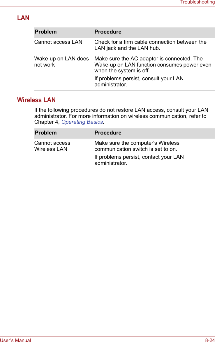 User’s Manual 8-24TroubleshootingLANWireless LANIf the following procedures do not restore LAN access, consult your LAN administrator. For more information on wireless communication, refer to Chapter 4, Operating Basics.Problem ProcedureCannot access LAN  Check for a firm cable connection between the LAN jack and the LAN hub.Wake-up on LAN does not workMake sure the AC adaptor is connected. The Wake-up on LAN function consumes power even when the system is off.If problems persist, consult your LAN administrator.Problem ProcedureCannot access Wireless LANMake sure the computer&apos;s Wireless communication switch is set to on.If problems persist, contact your LAN administrator.