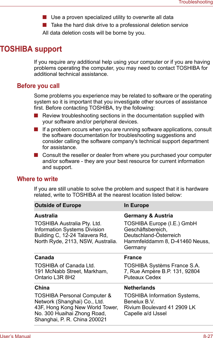 User’s Manual 8-27Troubleshooting■Use a proven specialized utility to overwrite all data■Take the hard disk drive to a professional deletion serviceAll data deletion costs will be borne by you.TOSHIBA supportIf you require any additional help using your computer or if you are having problems operating the computer, you may need to contact TOSHIBA for additional technical assistance.Before you callSome problems you experience may be related to software or the operating system so it is important that you investigate other sources of assistance first. Before contacting TOSHIBA, try the following:■Review troubleshooting sections in the documentation supplied with your software and/or peripheral devices.■If a problem occurs when you are running software applications, consult the software documentation for troubleshooting suggestions and consider calling the software company&apos;s technical support department for assistance.■Consult the reseller or dealer from where you purchased your computer and/or software - they are your best resource for current information and support.Where to writeIf you are still unable to solve the problem and suspect that it is hardware related, write to TOSHIBA at the nearest location listed below:Outside of Europe In EuropeAustraliaTOSHIBA Australia Pty. Ltd.Information Systems Division Building C, 12-24 Talavera Rd, North Ryde, 2113, NSW, Australia.Germany &amp; AustriaTOSHIBA Europe (I.E.) GmbH Geschäftsbereich, Deutschland-Österreich Hammfelddamm 8, D-41460 Neuss, GermanyCanadaTOSHIBA of Canada Ltd.191 McNabb Street, Markham, Ontario L3R 8H2FranceTOSHIBA Systèms France S.A.7, Rue Ampère B.P. 131, 92804 Puteaux CedexChinaTOSHIBA Personal Computer &amp; Network (Shanghai) Co., Ltd.43F, Hong Kong New World Tower, No. 300 Huaihai Zhong Road, Shanghai, P. R. China 200021NetherlandsTOSHIBA Information Systems, Benelux B.V.Rivium Boulevard 41 2909 LK Capelle a/d IJssel