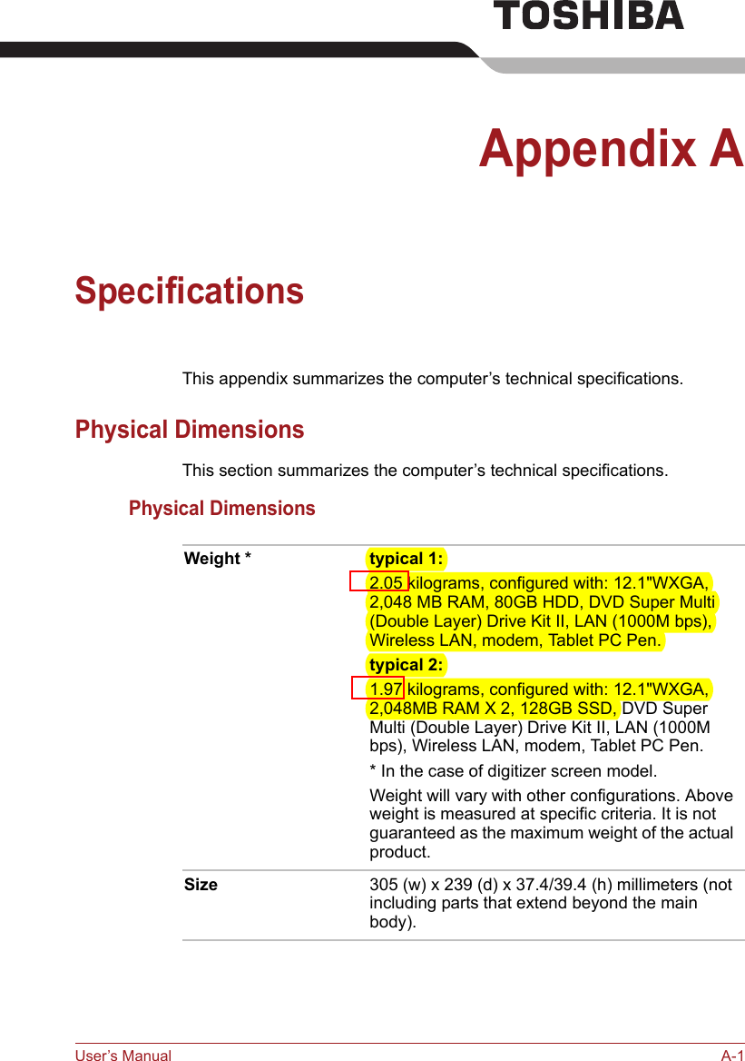 User’s Manual A-1Appendix ASpecificationsThis appendix summarizes the computer’s technical specifications.Physical DimensionsThis section summarizes the computer’s technical specifications.Physical DimensionsWeight * typical 1:2.05 kilograms, configured with: 12.1&quot;WXGA, 2,048 MB RAM, 80GB HDD, DVD Super Multi (Double Layer) Drive Kit II, LAN (1000M bps), Wireless LAN, modem, Tablet PC Pen.typical 2:1.97 kilograms, configured with: 12.1&quot;WXGA, 2,048MB RAM X 2, 128GB SSD, DVD Super Multi (Double Layer) Drive Kit II, LAN (1000M bps), Wireless LAN, modem, Tablet PC Pen.* In the case of digitizer screen model.Weight will vary with other configurations. Above weight is measured at specific criteria. It is not guaranteed as the maximum weight of the actual product.Size 305 (w) x 239 (d) x 37.4/39.4 (h) millimeters (not including parts that extend beyond the main body).