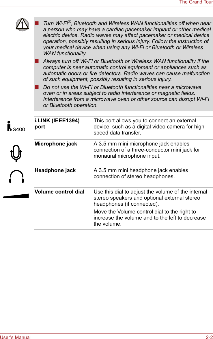 User’s Manual 2-2The Grand Tour■Turn Wi-Fi®, Bluetooth and Wireless WAN functionalities off when near a person who may have a cardiac pacemaker implant or other medical electric device. Radio waves may affect pacemaker or medical device operation, possibly resulting in serious injury. Follow the instruction of your medical device when using any Wi-Fi or Bluetooth or Wireless WAN functionality.■Always turn off Wi-Fi or Bluetooth or Wireless WAN functionality if the computer is near automatic control equipment or appliances such as automatic doors or fire detectors. Radio waves can cause malfunction of such equipment, possibly resulting in serious injury.■Do not use the Wi-Fi or Bluetooth functionalities near a microwave oven or in areas subject to radio interference or magnetic fields. Interference from a microwave oven or other source can disrupt Wi-Fi or Bluetooth operation.i.LINK (IEEE1394) portThis port allows you to connect an external device, such as a digital video camera for high-speed data transfer.Microphone jack A 3.5 mm mini microphone jack enables connection of a three-conductor mini jack for monaural microphone input.Headphone jack A 3.5 mm mini headphone jack enables connection of stereo headphones.Volume control dial Use this dial to adjust the volume of the internal stereo speakers and optional external stereo headphones (if connected).Move the Volume control dial to the right to increase the volume and to the left to decrease the volume.