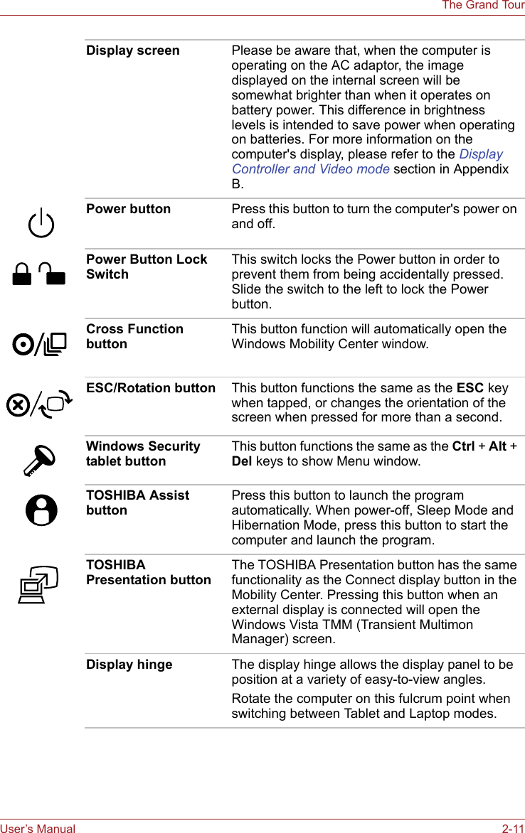 User’s Manual 2-11The Grand TourDisplay screen Please be aware that, when the computer is operating on the AC adaptor, the image displayed on the internal screen will be somewhat brighter than when it operates on battery power. This difference in brightness levels is intended to save power when operating on batteries. For more information on the computer&apos;s display, please refer to the Display Controller and Video mode section in Appendix B.Power button Press this button to turn the computer&apos;s power on and off.Power Button Lock SwitchThis switch locks the Power button in order to prevent them from being accidentally pressed. Slide the switch to the left to lock the Power button.Cross Function button This button function will automatically open the Windows Mobility Center window.ESC/Rotation button This button functions the same as the ESC key when tapped, or changes the orientation of the screen when pressed for more than a second.Windows Security tablet button This button functions the same as the Ctrl + Alt + Del keys to show Menu window.TOSHIBA Assist button Press this button to launch the program automatically. When power-off, Sleep Mode and Hibernation Mode, press this button to start the computer and launch the program. TOSHIBA Presentation buttonThe TOSHIBA Presentation button has the same functionality as the Connect display button in the Mobility Center. Pressing this button when an external display is connected will open the Windows Vista TMM (Transient Multimon Manager) screen.Display hinge The display hinge allows the display panel to be position at a variety of easy-to-view angles.Rotate the computer on this fulcrum point when switching between Tablet and Laptop modes.