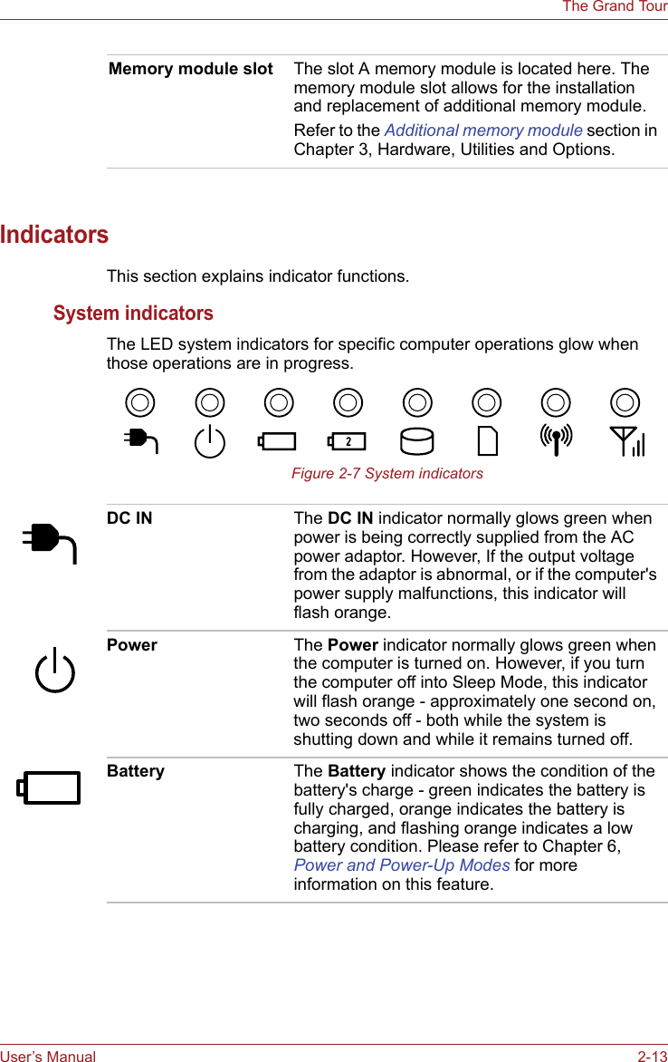 User’s Manual 2-13The Grand TourIndicatorsThis section explains indicator functions.System indicatorsThe LED system indicators for specific computer operations glow when those operations are in progress.Figure 2-7 System indicatorsMemory module slot The slot A memory module is located here. The memory module slot allows for the installation and replacement of additional memory module.Refer to the Additional memory module section in Chapter 3, Hardware, Utilities and Options.DC IN The DC IN indicator normally glows green when power is being correctly supplied from the AC power adaptor. However, If the output voltage from the adaptor is abnormal, or if the computer&apos;s power supply malfunctions, this indicator will flash orange.Power The Power indicator normally glows green when the computer is turned on. However, if you turn the computer off into Sleep Mode, this indicator will flash orange - approximately one second on, two seconds off - both while the system is shutting down and while it remains turned off.Battery The Battery indicator shows the condition of the battery&apos;s charge - green indicates the battery is fully charged, orange indicates the battery is charging, and flashing orange indicates a low battery condition. Please refer to Chapter 6, Power and Power-Up Modes for more information on this feature.