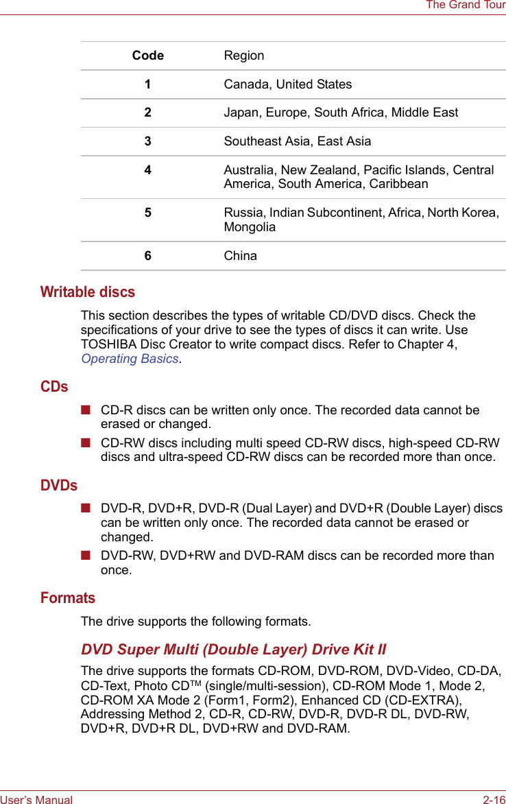 User’s Manual 2-16The Grand TourWritable discsThis section describes the types of writable CD/DVD discs. Check the specifications of your drive to see the types of discs it can write. Use TOSHIBA Disc Creator to write compact discs. Refer to Chapter 4, Operating Basics.CDs■CD-R discs can be written only once. The recorded data cannot be erased or changed.■CD-RW discs including multi speed CD-RW discs, high-speed CD-RW discs and ultra-speed CD-RW discs can be recorded more than once. DVDs■DVD-R, DVD+R, DVD-R (Dual Layer) and DVD+R (Double Layer) discs can be written only once. The recorded data cannot be erased or changed.■DVD-RW, DVD+RW and DVD-RAM discs can be recorded more than once.FormatsThe drive supports the following formats. DVD Super Multi (Double Layer) Drive Kit IIThe drive supports the formats CD-ROM, DVD-ROM, DVD-Video, CD-DA, CD-Text, Photo CDTM (single/multi-session), CD-ROM Mode 1, Mode 2, CD-ROM XA Mode 2 (Form1, Form2), Enhanced CD (CD-EXTRA), Addressing Method 2, CD-R, CD-RW, DVD-R, DVD-R DL, DVD-RW, DVD+R, DVD+R DL, DVD+RW and DVD-RAM.Code Region1  Canada, United States2  Japan, Europe, South Africa, Middle East3  Southeast Asia, East Asia4  Australia, New Zealand, Pacific Islands, Central America, South America, Caribbean5  Russia, Indian Subcontinent, Africa, North Korea, Mongolia6  China