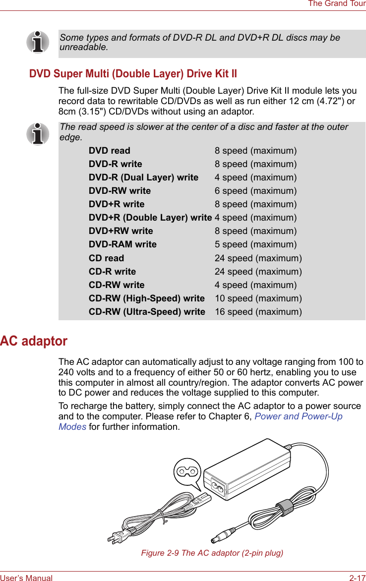 User’s Manual 2-17The Grand TourDVD Super Multi (Double Layer) Drive Kit IIThe full-size DVD Super Multi (Double Layer) Drive Kit II module lets you record data to rewritable CD/DVDs as well as run either 12 cm (4.72&quot;) or 8cm (3.15&quot;) CD/DVDs without using an adaptor.AC adaptorThe AC adaptor can automatically adjust to any voltage ranging from 100 to 240 volts and to a frequency of either 50 or 60 hertz, enabling you to use this computer in almost all country/region. The adaptor converts AC power to DC power and reduces the voltage supplied to this computer.To recharge the battery, simply connect the AC adaptor to a power source and to the computer. Please refer to Chapter 6, Power and Power-Up Modes for further information.Figure 2-9 The AC adaptor (2-pin plug)Some types and formats of DVD-R DL and DVD+R DL discs may be unreadable.The read speed is slower at the center of a disc and faster at the outer edge.DVD read 8 speed (maximum)DVD-R write 8 speed (maximum)DVD-R (Dual Layer) write 4 speed (maximum)DVD-RW write 6 speed (maximum)DVD+R write 8 speed (maximum)DVD+R (Double Layer) write 4 speed (maximum)DVD+RW write 8 speed (maximum)DVD-RAM write 5 speed (maximum)CD read 24 speed (maximum)CD-R write 24 speed (maximum)CD-RW write  4 speed (maximum)CD-RW (High-Speed) write  10 speed (maximum)CD-RW (Ultra-Speed) write  16 speed (maximum)