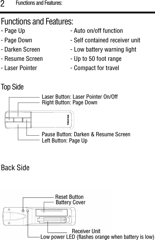 Functions and Features:2Functions and Features:Top SideBack Side- Page Up - Auto on/off function- Page Down  - Self contained receiver unit - Darken Screen  - Low battery warning light- Resume Screen - Up to 50 foot range- Laser Pointer - Compact for travelLaser Button: Laser Pointer On/OffRight Button: Page Down Pause Button: Darken &amp; Resume Screen Left Button: Page Up Reset ButtonBattery CoverReceiver UnitLow power LED (flashes orange when battery is low)