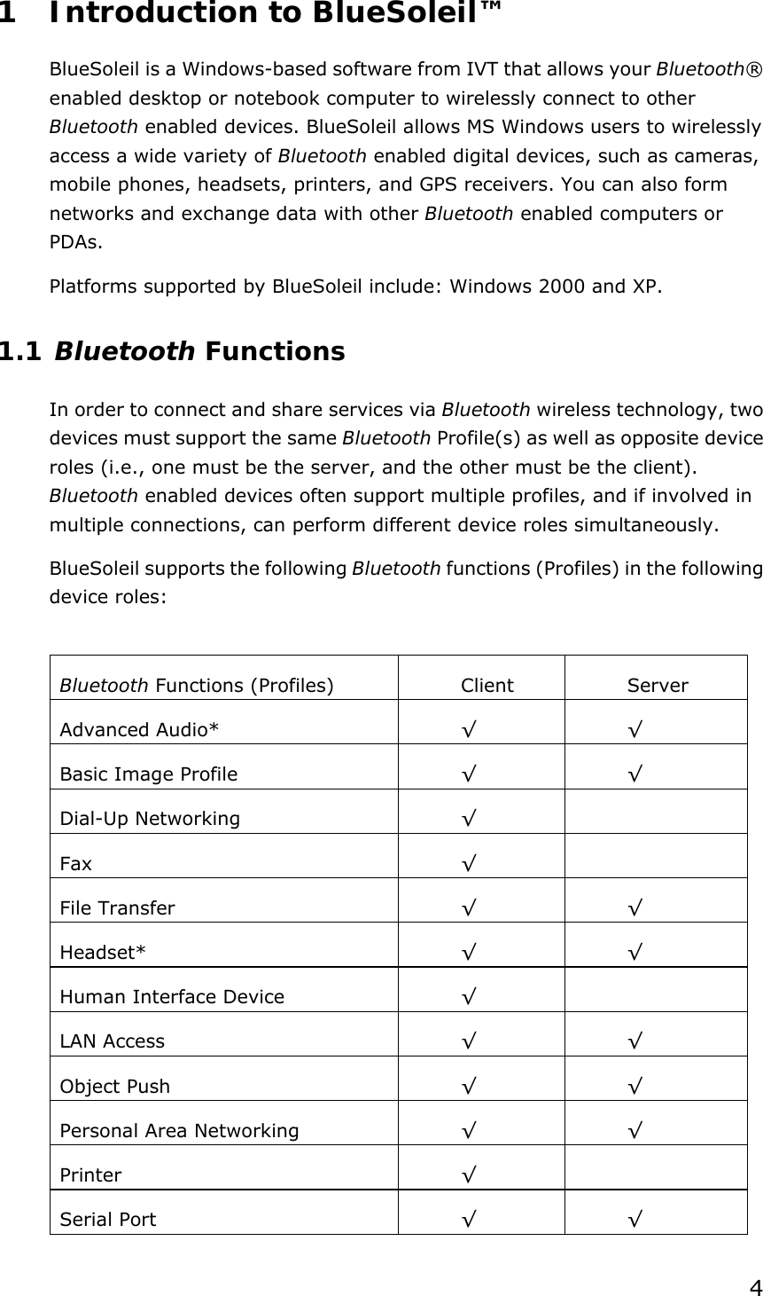  4 1 Introduction to BlueSoleil™ BlueSoleil is a Windows-based software from IVT that allows your Bluetooth® enabled desktop or notebook computer to wirelessly connect to other Bluetooth enabled devices. BlueSoleil allows MS Windows users to wirelessly access a wide variety of Bluetooth enabled digital devices, such as cameras, mobile phones, headsets, printers, and GPS receivers. You can also form networks and exchange data with other Bluetooth enabled computers or PDAs. Platforms supported by BlueSoleil include: Windows 2000 and XP. 1.1 Bluetooth Functions In order to connect and share services via Bluetooth wireless technology, two devices must support the same Bluetooth Profile(s) as well as opposite device roles (i.e., one must be the server, and the other must be the client). Bluetooth enabled devices often support multiple profiles, and if involved in multiple connections, can perform different device roles simultaneously. BlueSoleil supports the following Bluetooth functions (Profiles) in the following device roles:  Bluetooth Functions (Profiles)  Client  Server Advanced Audio*  √ √ Basic Image Profile  √ √ Dial-Up Networking  √  Fax  √  File Transfer  √ √ Headset*  √ √ Human Interface Device  √  LAN Access  √ √ Object Push  √ √ Personal Area Networking  √ √ Printer  √  Serial Port  √ √ 