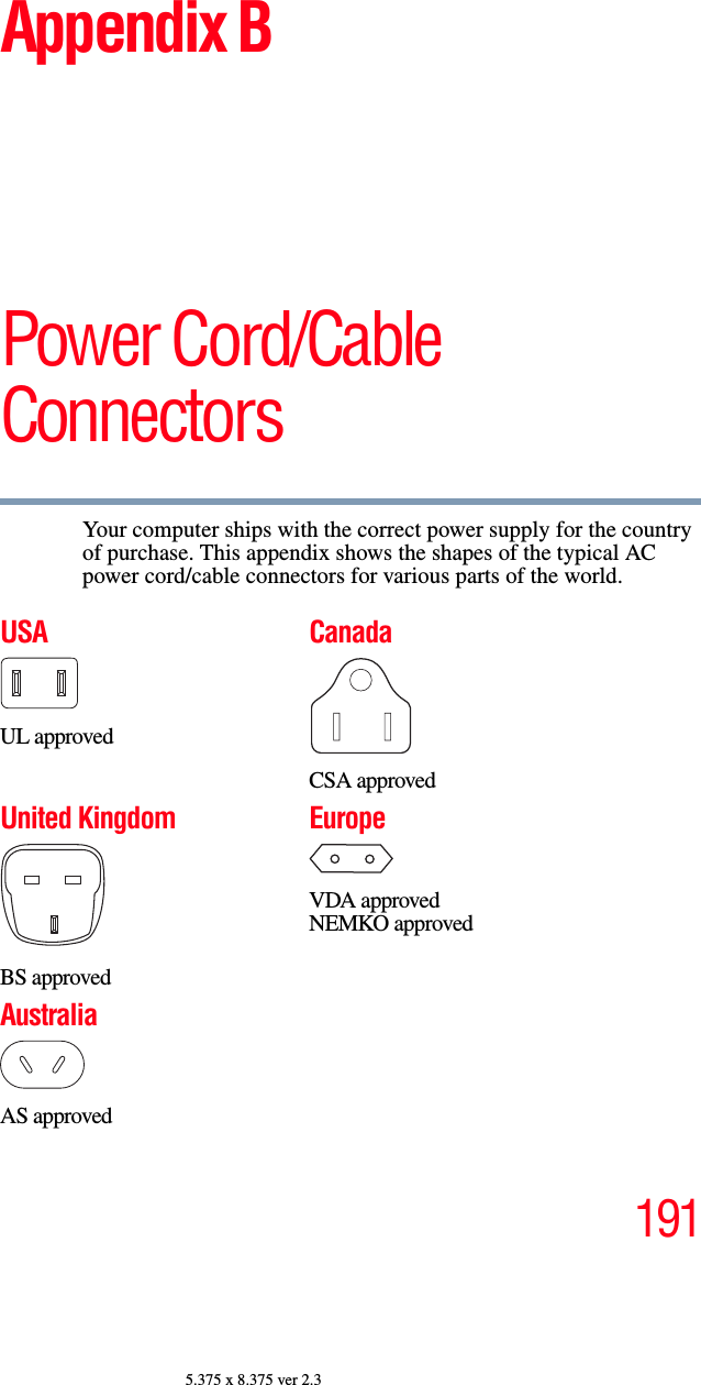 1915.375 x 8.375 ver 2.3Appendix BPower Cord/Cable ConnectorsYour computer ships with the correct power supply for the country of purchase. This appendix shows the shapes of the typical AC power cord/cable connectors for various parts of the world.USAUL approvedCanadaCSA approvedUnited KingdomBS approvedEuropeVDA approvedNEMKO approvedAustraliaAS approved