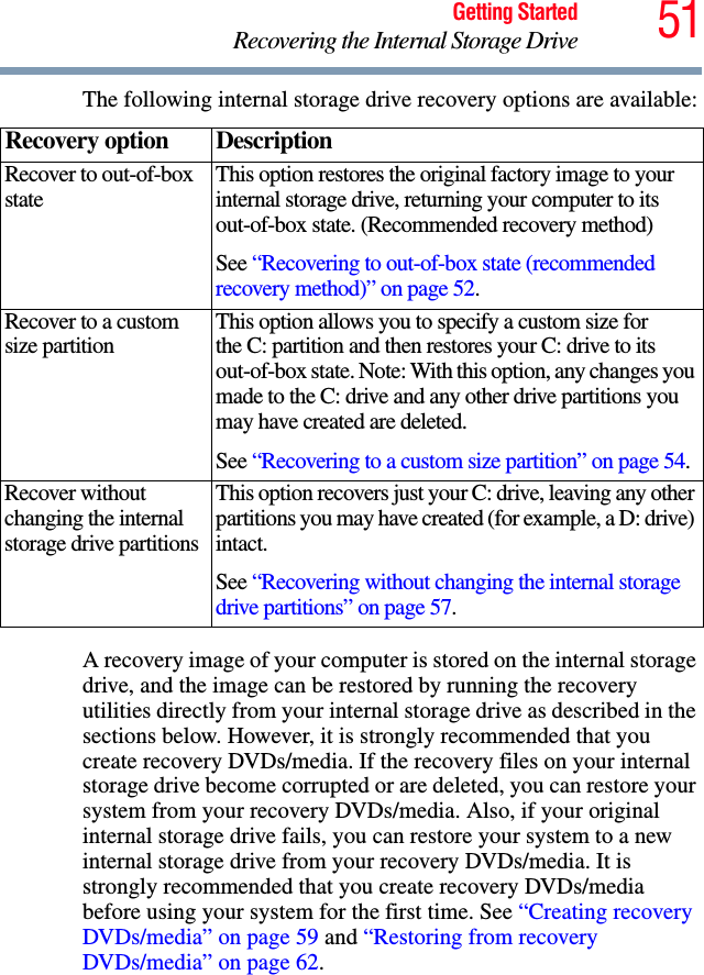 51Getting StartedRecovering the Internal Storage DriveThe following internal storage drive recovery options are available:A recovery image of your computer is stored on the internal storage drive, and the image can be restored by running the recovery utilities directly from your internal storage drive as described in the sections below. However, it is strongly recommended that you create recovery DVDs/media. If the recovery files on your internal storage drive become corrupted or are deleted, you can restore your system from your recovery DVDs/media. Also, if your original internal storage drive fails, you can restore your system to a new internal storage drive from your recovery DVDs/media. It is strongly recommended that you create recovery DVDs/media before using your system for the first time. See “Creating recovery DVDs/media” on page 59 and “Restoring from recovery DVDs/media” on page 62.Recovery option DescriptionRecover to out-of-box state This option restores the original factory image to your internal storage drive, returning your computer to its out-of-box state. (Recommended recovery method)See “Recovering to out-of-box state (recommended recovery method)” on page 52.Recover to a custom size partition This option allows you to specify a custom size for the C: partition and then restores your C: drive to its out-of-box state. Note: With this option, any changes you made to the C: drive and any other drive partitions you may have created are deleted.See “Recovering to a custom size partition” on page 54.Recover without changing the internal storage drive partitionsThis option recovers just your C: drive, leaving any other partitions you may have created (for example, a D: drive) intact.See “Recovering without changing the internal storage drive partitions” on page 57.