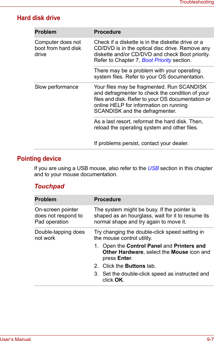 User’s Manual 9-7TroubleshootingHard disk drivePointing deviceIf you are using a USB mouse, also refer to the USB section in this chapter and to your mouse documentation.TouchpadProblem ProcedureComputer does not boot from hard disk driveCheck if a diskette is in the diskette drive or a CD/DVD is in the optical disc drive. Remove any diskette and/or CD/DVD and check Boot priority. Refer to Chapter 7, Boot Priority section.There may be a problem with your operating system files. Refer to your OS documentation.Slow performance Your files may be fragmented. Run SCANDISK and defragmenter to check the condition of your files and disk. Refer to your OS documentation or online HELP for information on running SCANDISK and the defragmenter.As a last resort, reformat the hard disk. Then, reload the operating system and other files.If problems persist, contact your dealer.Problem ProcedureOn-screen pointer does not respond to Pad operationThe system might be busy. If the pointer is shaped as an hourglass, wait for it to resume its normal shape and try again to move it.Double-tapping does not workTry changing the double-click speed setting in the mouse control utility.1. Open the Control Panel and Printers and Other Hardware, select the Mouse icon and press Enter.2. Click the Buttons tab.3. Set the double-click speed as instructed and click OK.