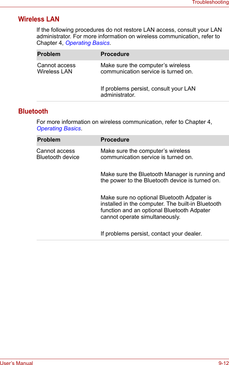 User’s Manual 9-12TroubleshootingWireless LANIf the following procedures do not restore LAN access, consult your LAN administrator. For more information on wireless communication, refer to Chapter 4, Operating Basics.BluetoothFor more information on wireless communication, refer to Chapter 4, Operating Basics.Problem ProcedureCannot access Wireless LANMake sure the computer’s wireless communication service is turned on.If problems persist, consult your LAN administrator.Problem ProcedureCannot access Bluetooth deviceMake sure the computer’s wireless communication service is turned on.Make sure the Bluetooth Manager is running and the power to the Bluetooth device is turned on.Make sure no optional Bluetooth Adpater is installed in the computer. The built-in Bluetooth function and an optional Bluetooth Adpater cannot operate simultaneously.If problems persist, contact your dealer.