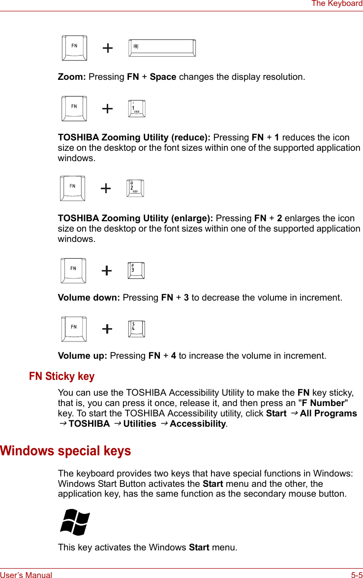 User’s Manual 5-5The KeyboardZoom: Pressing FN + Space changes the display resolution.TOSHIBA Zooming Utility (reduce): Pressing FN + 1 reduces the icon size on the desktop or the font sizes within one of the supported application windows.TOSHIBA Zooming Utility (enlarge): Pressing FN + 2 enlarges the icon size on the desktop or the font sizes within one of the supported application windows.Volume down: Pressing FN + 3 to decrease the volume in increment.Volume up: Pressing FN + 4 to increase the volume in increment.FN Sticky keyYou can use the TOSHIBA Accessibility Utility to make the FN key sticky, that is, you can press it once, release it, and then press an &quot;F Number&quot; key. To start the TOSHIBA Accessibility utility, click Start J All Programs J TOSHIBA J Utilities J Accessibility.Windows special keysThe keyboard provides two keys that have special functions in Windows: Windows Start Button activates the Start menu and the other, the application key, has the same function as the secondary mouse button.This key activates the Windows Start menu.