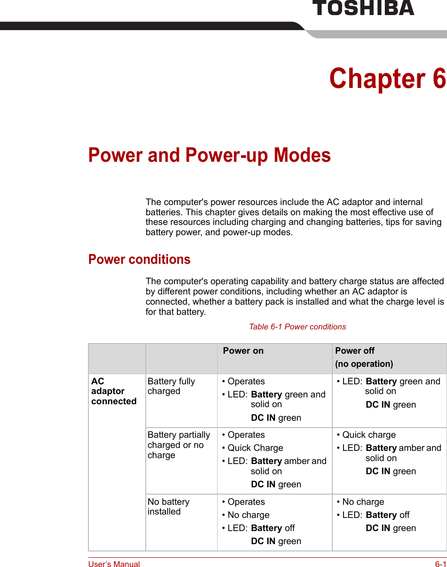 User’s Manual 6-1Chapter 6Power and Power-up ModesThe computer&apos;s power resources include the AC adaptor and internal batteries. This chapter gives details on making the most effective use of these resources including charging and changing batteries, tips for saving battery power, and power-up modes.Power conditionsThe computer&apos;s operating capability and battery charge status are affected by different power conditions, including whether an AC adaptor is connected, whether a battery pack is installed and what the charge level is for that battery. Table 6-1 Power conditions Power onPower off (no operation)AC adaptor connectedBattery fully charged • Operates • LED: Battery green and solid onDC IN green • LED: Battery green and solid onDC IN greenBattery partially charged or no charge • Operates • Quick Charge • LED: Battery amber and solid onDC IN green • Quick charge • LED: Battery amber and solid onDC IN greenNo battery installed  • Operates  • No charge • LED: Battery offDC IN green • No charge • LED: Battery offDC IN green