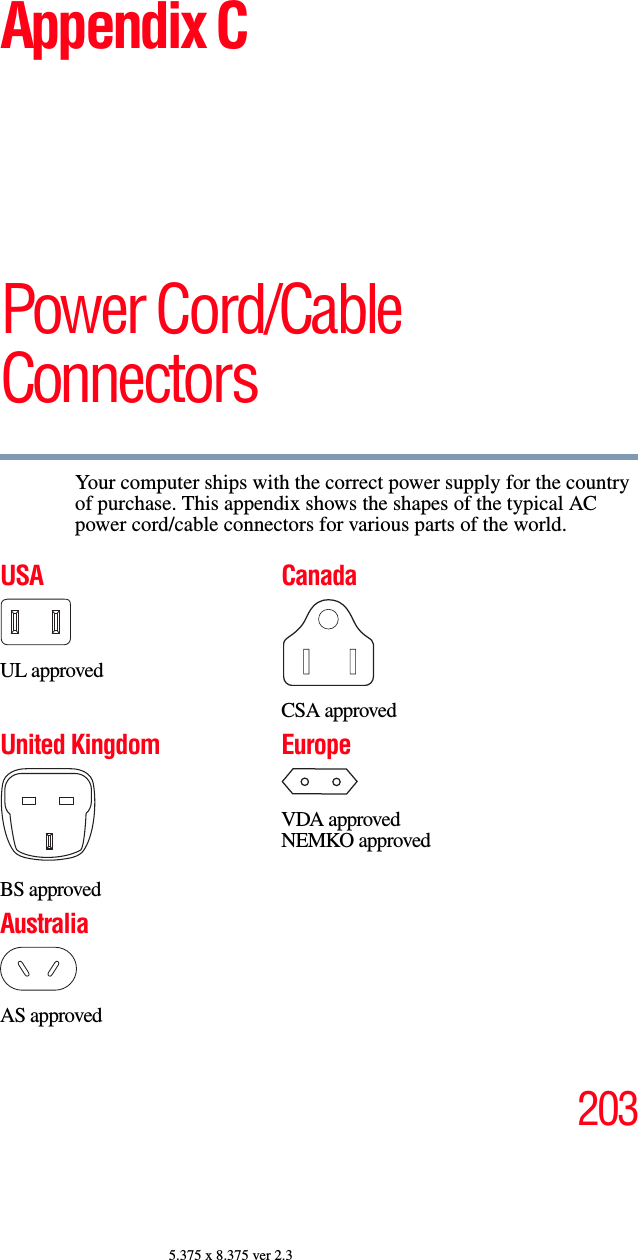 2035.375 x 8.375 ver 2.3Appendix CPower Cord/Cable ConnectorsYour computer ships with the correct power supply for the country of purchase. This appendix shows the shapes of the typical AC power cord/cable connectors for various parts of the world.USAUL approvedCanadaCSA approvedUnited KingdomBS approvedEuropeVDA approvedNEMKO approvedAustraliaAS approved