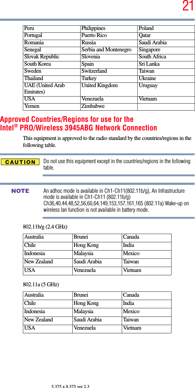 215.375 x 8.375 ver 2.3Approved Countries/Regions for use for theIntel® PRO/Wireless 3945ABG Network ConnectionThis equipment is approved to the radio standard by the countries/regions in the following table.Do not use this equipment except in the countries/regions in the following table.An adhoc mode is available in Ch1-Ch11(802.11b/g), An Infrastructure mode is available in Ch1-Ch11 (802.11b/g) Ch36,40,44,48,52,56,60,64,149,153,157,161,165 (802.11a) Wake-up on wireless lan function is not available in battery mode.802.11b/g (2.4 GHz)802.11a (5 GHz)Peru Philippines PolandPortugal Puerto Rico QatarRomania Russia Saudi ArabiaSenegal Serbia and Montenegro SingaporeSlovak Republic Slovenia South AfricaSouth Korea Spain Sri LankaSweden Switzerland TaiwanThailand Turkey UkraineUAE (United Arab Emirates) United Kingdom UruguayUSA Venezuela VietnamYemen ZimbabweAustralia Brunei CanadaChile Hong Kong IndiaIndonesia Malaysia MexicoNew Zealand Saudi Arabia TaiwanUSA Venezuela VietnamAustralia Brunei CanadaChile Hong Kong IndiaIndonesia Malaysia MexicoNew Zealand Saudi Arabia TaiwanUSA Venezuela VietnamNOTE