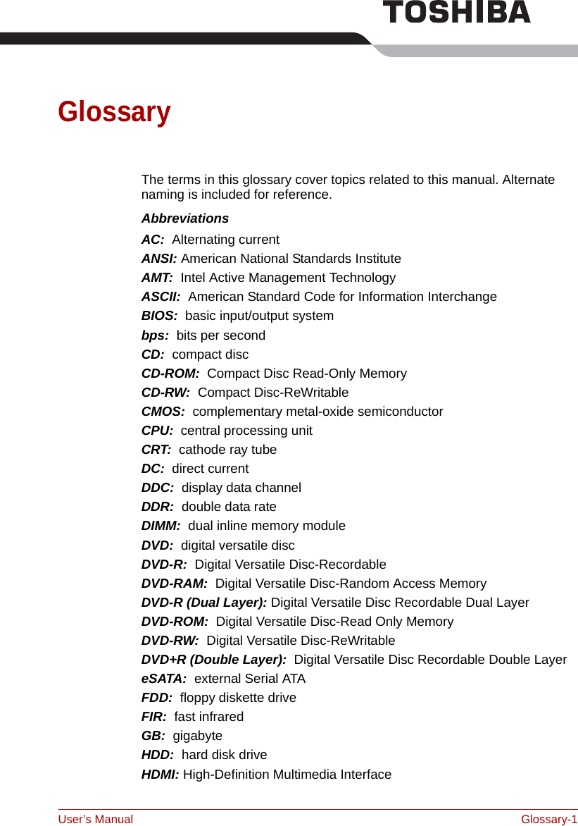 User’s Manual Glossary-1GlossaryThe terms in this glossary cover topics related to this manual. Alternate naming is included for reference.AbbreviationsAC:  Alternating currentANSI: American National Standards InstituteAMT:  Intel Active Management TechnologyASCII:  American Standard Code for Information InterchangeBIOS:  basic input/output systembps:  bits per secondCD:  compact discCD-ROM:  Compact Disc Read-Only Memory CD-RW:  Compact Disc-ReWritableCMOS:  complementary metal-oxide semiconductorCPU:  central processing unitCRT:  cathode ray tubeDC:  direct currentDDC:  display data channelDDR:  double data rateDIMM:  dual inline memory moduleDVD:  digital versatile discDVD-R:  Digital Versatile Disc-RecordableDVD-RAM:  Digital Versatile Disc-Random Access MemoryDVD-R (Dual Layer): Digital Versatile Disc Recordable Dual LayerDVD-ROM:  Digital Versatile Disc-Read Only MemoryDVD-RW:  Digital Versatile Disc-ReWritableDVD+R (Double Layer):  Digital Versatile Disc Recordable Double LayereSATA:  external Serial ATAFDD:  floppy diskette driveFIR:  fast infraredGB:  gigabyteHDD:  hard disk driveHDMI: High-Definition Multimedia Interface