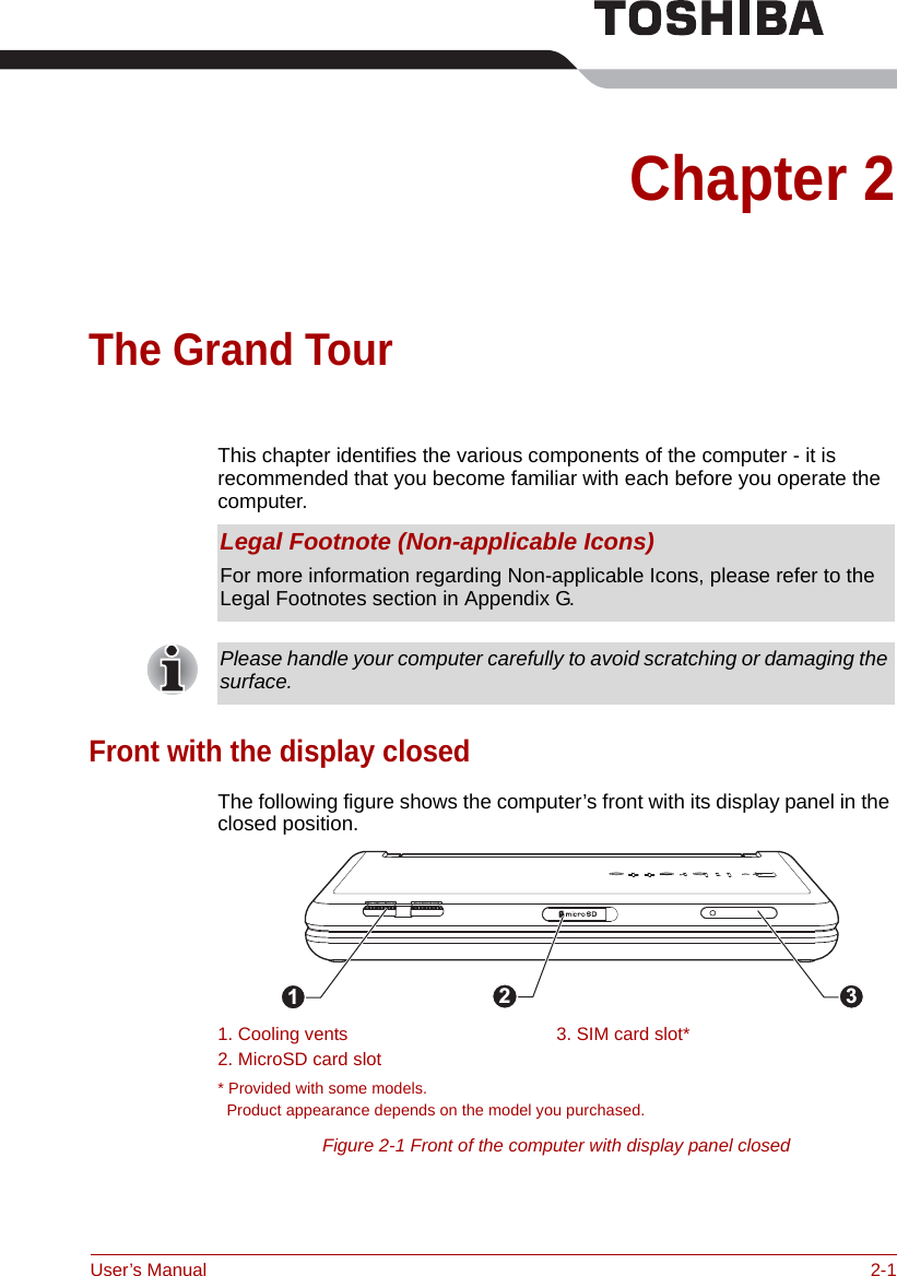 User’s Manual 2-1Chapter 2The Grand TourThis chapter identifies the various components of the computer - it is recommended that you become familiar with each before you operate the computer.Front with the display closedThe following figure shows the computer’s front with its display panel in the closed position.* Provided with some models.  Product appearance depends on the model you purchased.Figure 2-1 Front of the computer with display panel closedLegal Footnote (Non-applicable Icons)For more information regarding Non-applicable Icons, please refer to the Legal Footnotes section in Appendix G.Please handle your computer carefully to avoid scratching or damaging the surface.1. Cooling vents 3. SIM card slot*2. MicroSD card slot123