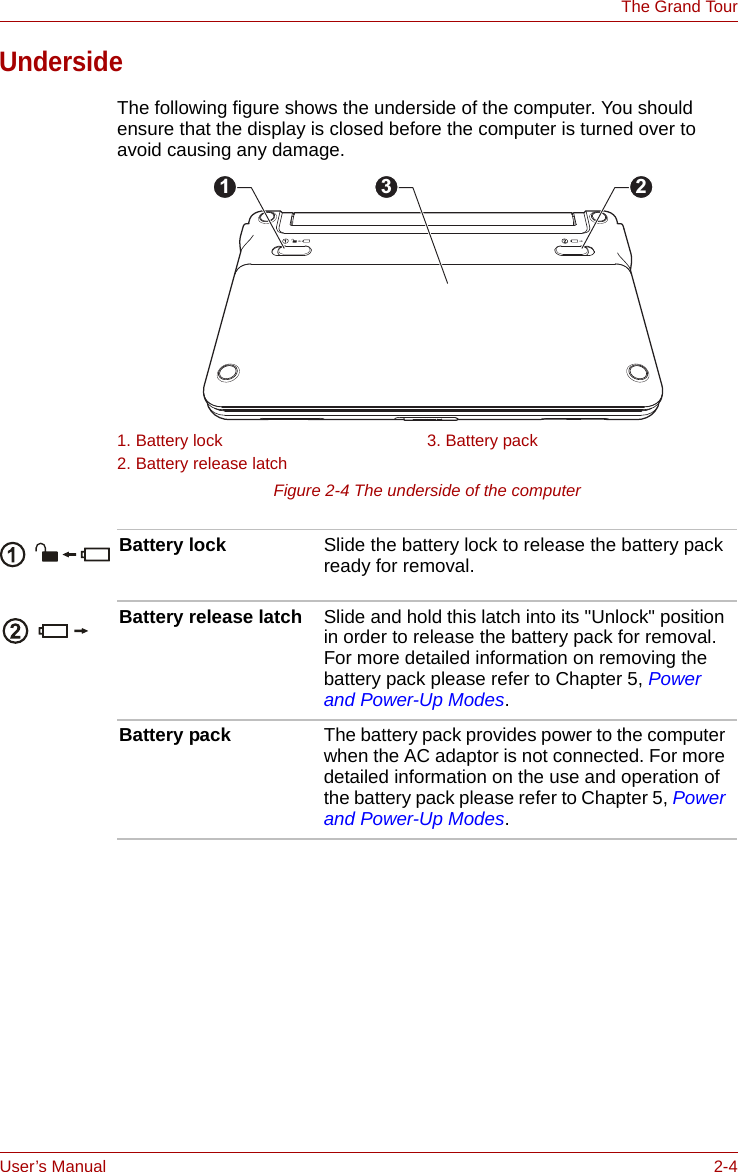 User’s Manual 2-4The Grand TourUndersideThe following figure shows the underside of the computer. You should ensure that the display is closed before the computer is turned over to avoid causing any damage.Figure 2-4 The underside of the computer1. Battery lock 3. Battery pack2. Battery release latch1 3 2Battery lock  Slide the battery lock to release the battery pack ready for removal.Battery release latch Slide and hold this latch into its &quot;Unlock&quot; position in order to release the battery pack for removal. For more detailed information on removing the battery pack please refer to Chapter 5, Power and Power-Up Modes.Battery pack The battery pack provides power to the computer when the AC adaptor is not connected. For more detailed information on the use and operation of the battery pack please refer to Chapter 5, Power and Power-Up Modes.