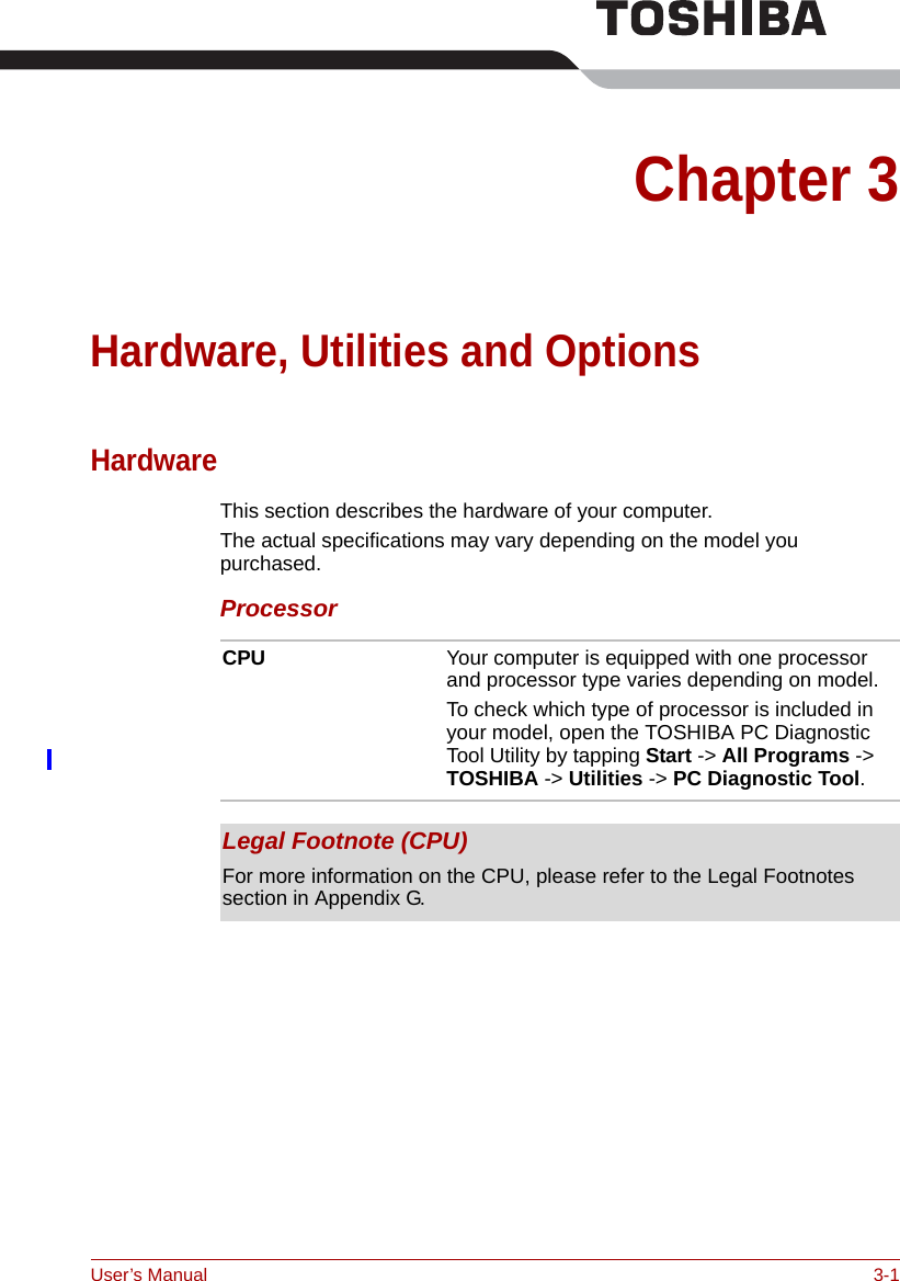 User’s Manual 3-1Chapter 3Hardware, Utilities and OptionsHardwareThis section describes the hardware of your computer.The actual specifications may vary depending on the model you purchased.ProcessorCPU Your computer is equipped with one processor and processor type varies depending on model.To check which type of processor is included in your model, open the TOSHIBA PC Diagnostic Tool Utility by tapping Start -&gt; All Programs -&gt; TOSHIBA -&gt; Utilities -&gt; PC Diagnostic Tool.Legal Footnote (CPU)For more information on the CPU, please refer to the Legal Footnotes section in Appendix G.