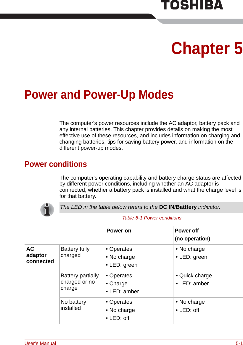 User’s Manual 5-1Chapter 5Power and Power-Up ModesThe computer&apos;s power resources include the AC adaptor, battery pack and any internal batteries. This chapter provides details on making the most effective use of these resources, and includes information on charging and changing batteries, tips for saving battery power, and information on the different power-up modes.Power conditionsThe computer&apos;s operating capability and battery charge status are affected by different power conditions, including whether an AC adaptor is connected, whether a battery pack is installed and what the charge level is for that battery. Table 6-1 Power conditionsThe LED in the table below refers to the DC IN/Batttery indicator. Power onPower off (no operation)AC adaptor connectedBattery fully charged  • Operates • No charge • LED: green • No charge • LED: greenBattery partially charged or no charge • Operates • Charge • LED: amber • Quick charge • LED: amberNo battery installed   • Operates  • No charge • LED: off • No charge • LED: off